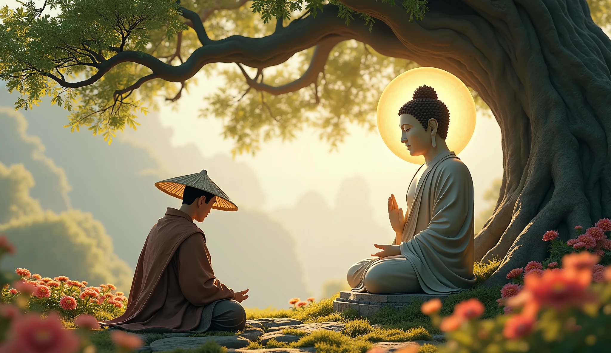"Create a detailed and serene scene depicting Angulimala, a rugged and intense-looking man wearing a garland made of fingers, standing in front of a calm and peaceful Buddha statue. Angulimala should be in the process of transformation, with a contemplative expression, as he gazes at the Buddha with newfound understanding. The Buddha statue should be large, golden, and exude a sense of tranquility and compassion. The background should feature a dense forest with a soft, warm light filtering through the trees, symbolizing enlightenment and inner peace."