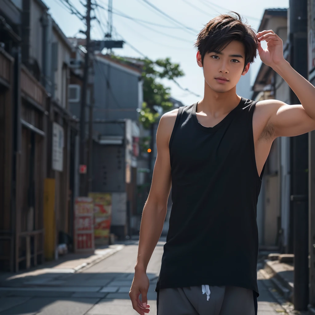 A handsome Japanese male A slim and handsome Japanese male university student standing in the middle of a typhoon , wearing a tank top and boxer brief shorts , looking up at the sky with one hand raised. Detailed illustration, ********* A 20-year-old boy, Black hair, Messy hair, modern , Eye level shots, hyper HD , Masterpiece, ( photorealistic , masterpiece , 8K HD , good lighting quality, portrait , closing up on face, intricate details )