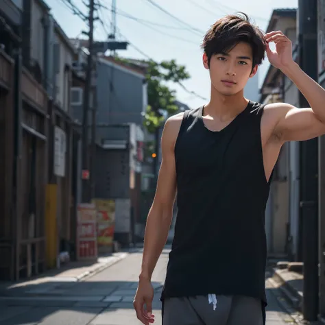 a handsome japanese male a slim and handsome japanese male university student standing in the middle of a typhoon , wearing a ta...