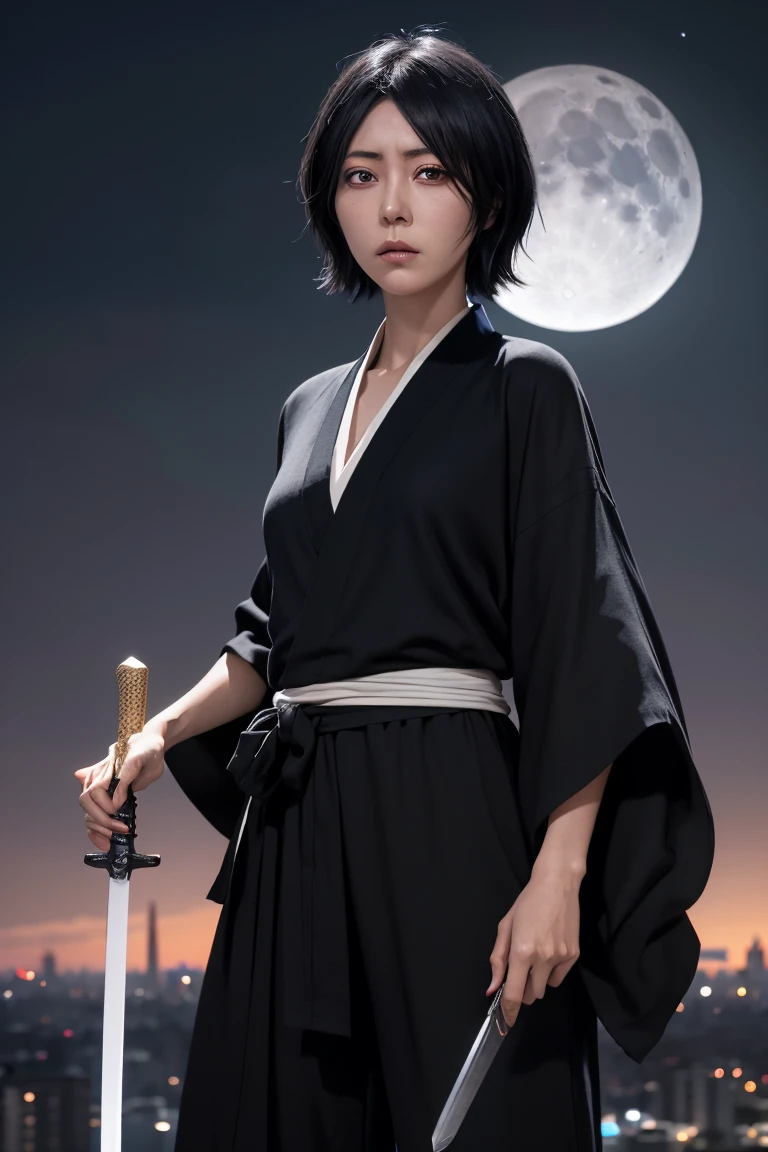 best quality, work of art, hyper realism, cg, with detailed face, detailed body, detailed landscape, saturated colors. Rukia Kuchiki a reaper girl wielding a sword. With short black hair and purple eyes wearing a black kimono, alone in a city at night with moon.
