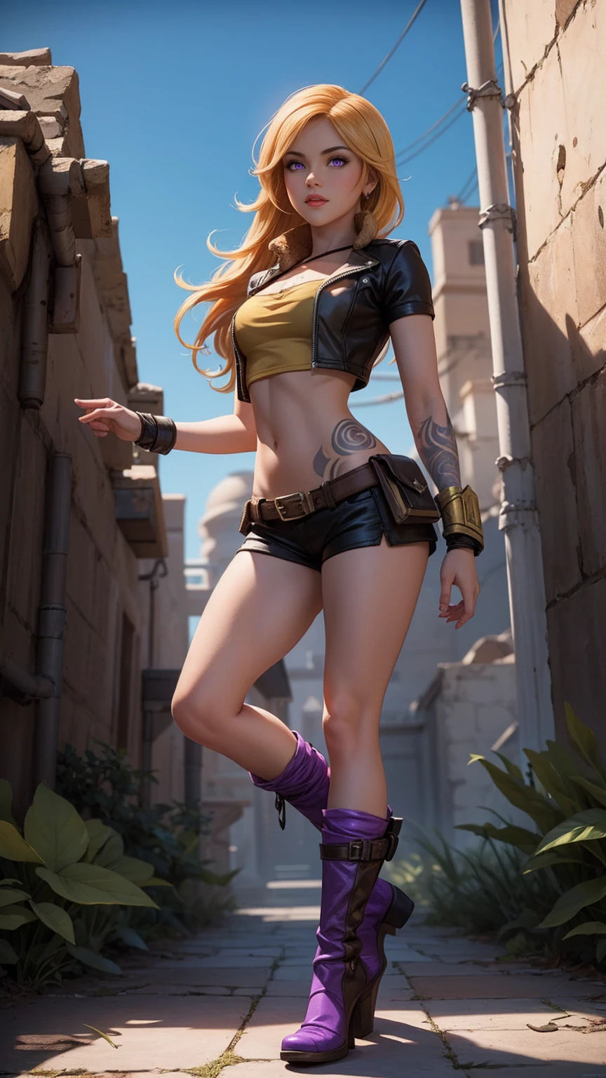 1girl, 1girl, combining elements of Yang Xiao Long from "RWBY" and Lilith from "Borderlands", beautiful detailed eyes, beautiful detailed lips, extremely detailed face and portrait, long eyelashes, flowing golden hair, lilac/violet eyes, crop top, short shorts, wearing flat heeled boots, tattoos, glowing blue markings, posing confidently, fantasy landscape, ancient ruins, sunlight, volumetric lighting, cinematic, award winning digital art, intricate details, highly detailed, hyper realistic, 8k, masterpiece, (wide angle), (full length portrait), lilithbl2, bhands