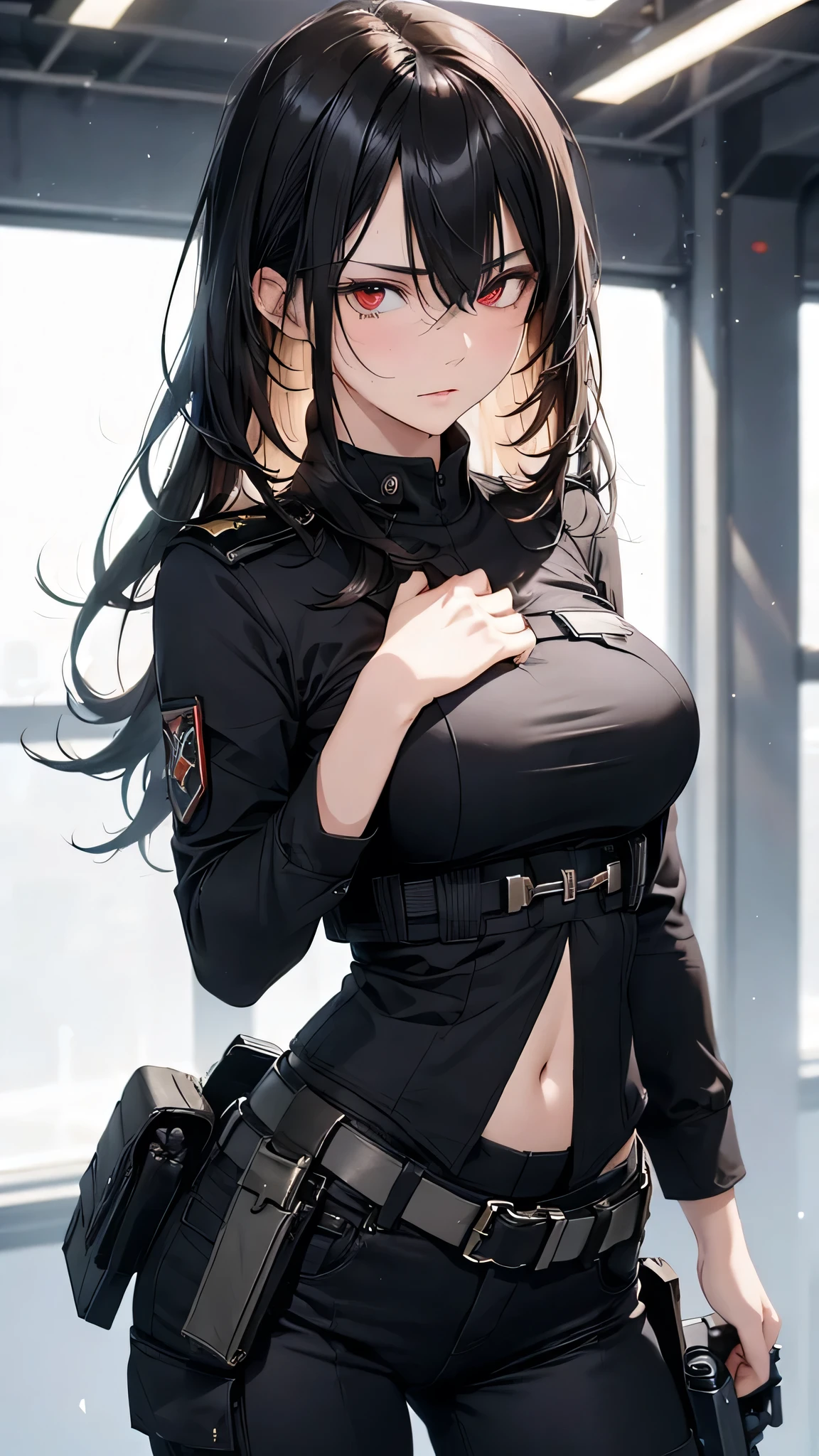 ((best quality)), ((Masterpiece)), (details), 1 girl, SWAT uniform, Curtain bangs, Red hair, big breasts, Street background