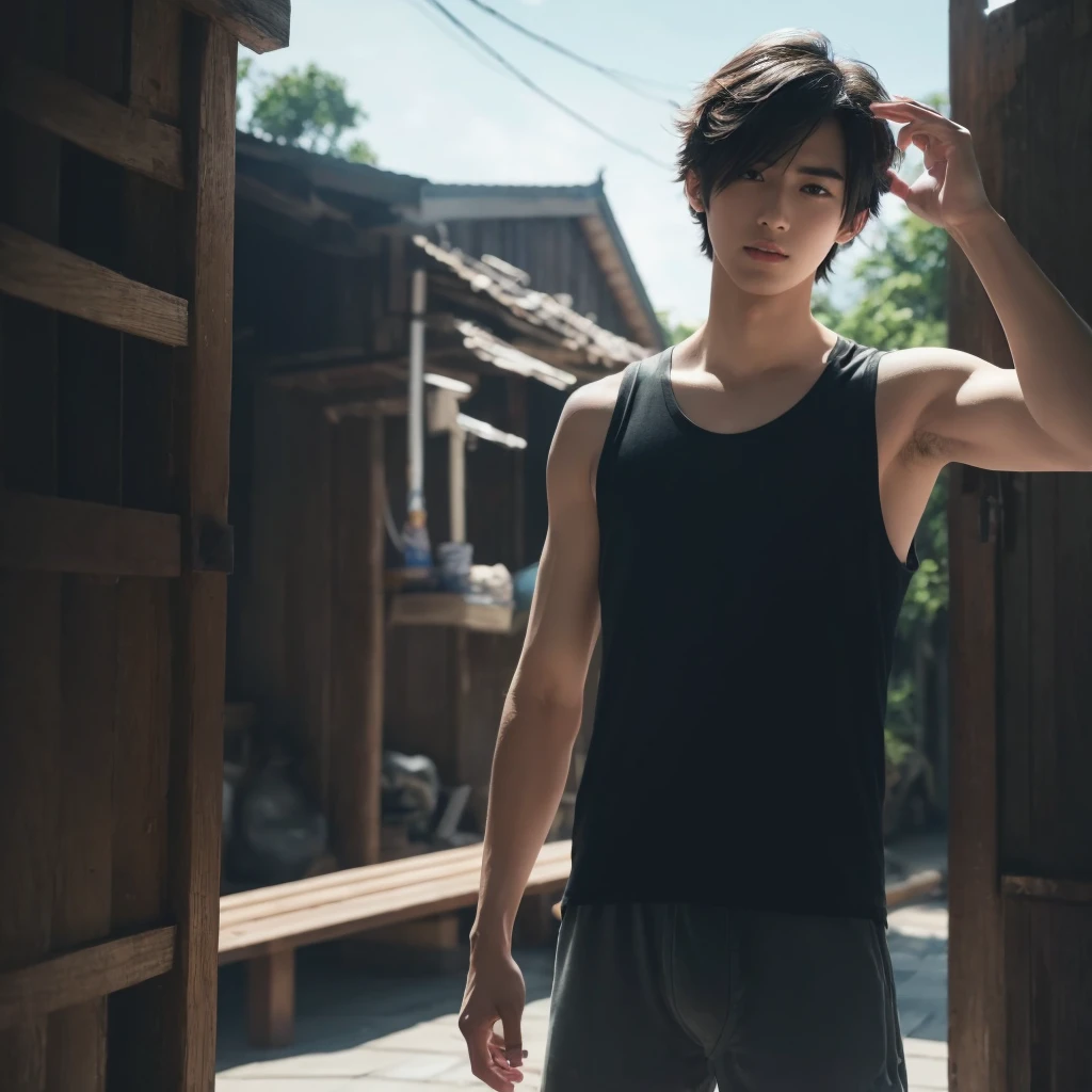 A handsome Japanese male A slim and handsome Japanese male university student standing in the middle of a typhoon , wearing a tank top and boxer brief shorts , looking up at the sky with one hand raised. Detailed illustration,  A 20-year-old boy, Black hair, Messy hair, modern , Eye level shots, hyper HD , Masterpiece, ( photorealistic , masterpiece , 8K HD , good lighting quality, portrait , closing up on face, intricate details )