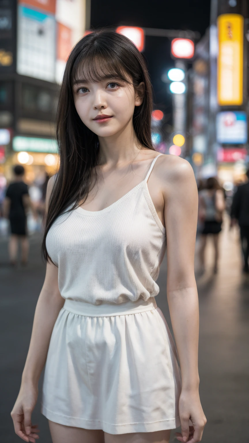 Single girl, summer, city, Osaka street, evening, city lights, medium body shot, close-up, 8k, RAW photo, highest quality, masterpiece, real, photorealistic, breast, open shoulder, long hair, knit strap tanktop,((Looking at viewer)), High Resolution,Award Winning, Realism, (facing view front)