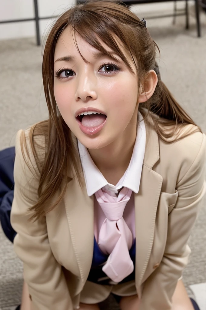 cheerful face,face focus,opening mouth widely,excessive cum in open mouth,suffering,frowning,at office,disheveled,look up,school uniform,nsfw,sweaty