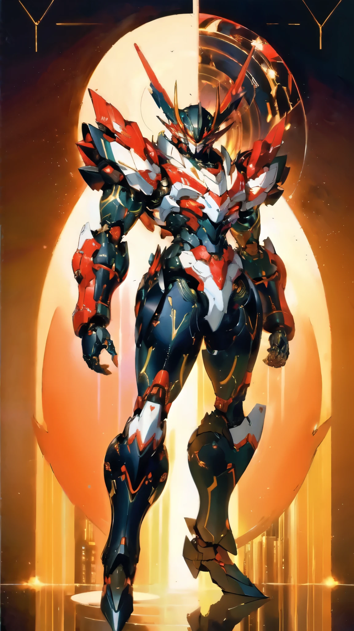 (masterpiece:1.5, best quality:1.5, extremely delicate:1.5), (male:1.5), humanoid Mecha, fully enclosed shoulder guards, matching arm and leg guards, full body, full armor, the design balances heavy with agility, (the color scheme is primarily Black with White and Red accents, the concept Inspired by Super Robot, SRS), organic biotech armor, standing, floating high above the futuristic sci-fi city, exquisite and mature art style, (aura effect, glowing eyes, the armor glows), metallic, dramatic, high definition, highres, ultra-detailed, ultra-fine painting, professional, perfect body proportions, anatomically correct, symmetrical face, extremely detailed eyes and face, high quality eyes, creativity, RAW photo, UHD, 32k, Natural light, cinematic lighting, masterpiece-anatomy-perfect