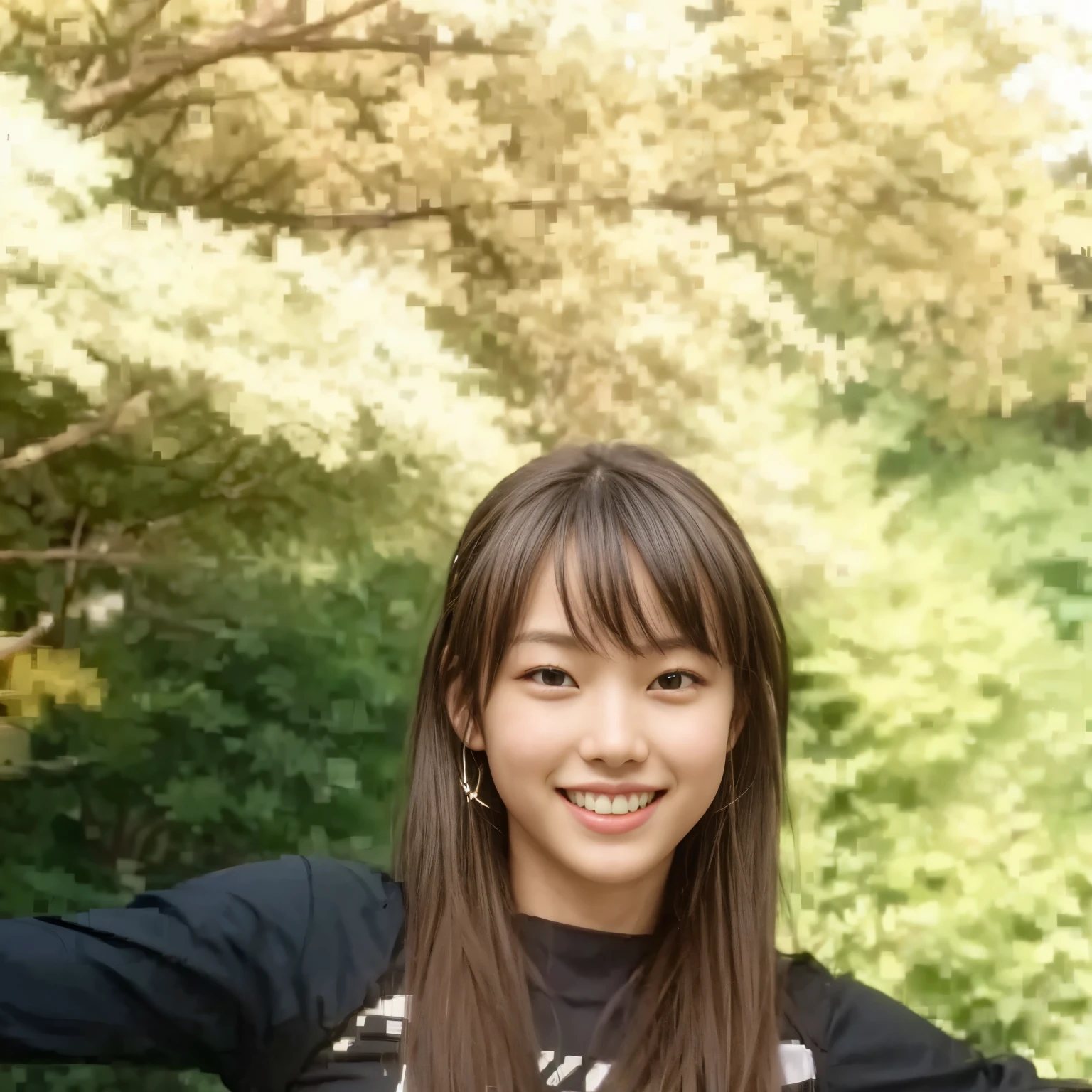 Anime style,The action does not change,Expression changes。Woman taking a selfie in a flower field,