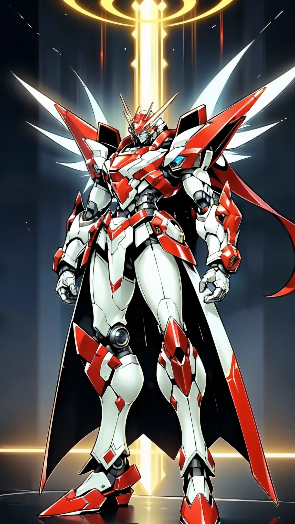 (masterpiece:1.5, best quality:1.5, extremely delicate:1.5), (male:1.5), humanoid Mecha, fully enclosed shoulder guards, matching arm and leg guards, full body, full armor, the design balances heavy with agility, (the color scheme is primarily Black with White and Red accents, the concept Inspired by Robot Anime, ROBOTANIMESTYLE), organic biotech armor, standing, floating high above the futuristic sci-fi city, exquisite and mature art style, (aura effect, glowing eyes, the armor glows), metallic, dramatic, high definition, highres, ultra-detailed, ultra-fine painting, professional, perfect body proportions, anatomically correct, symmetrical face, extremely detailed eyes and face, high quality eyes, creativity, RAW photo, UHD, 32k, Natural light, cinematic lighting, masterpiece-anatomy-perfect