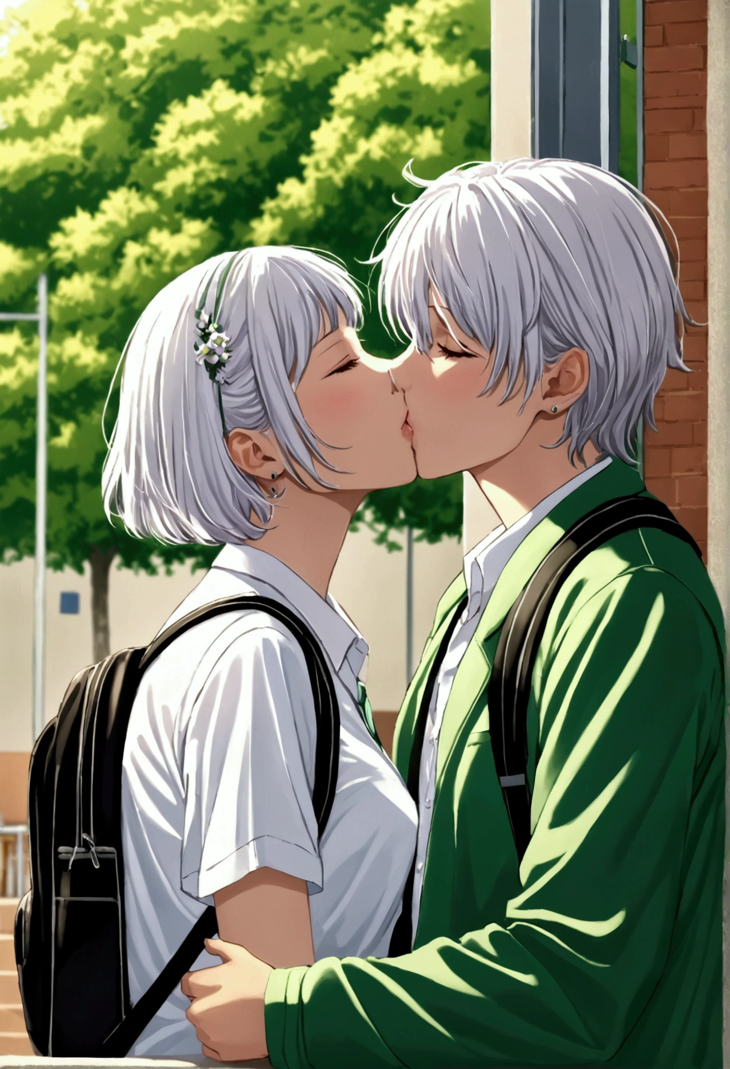 Casal jovem namorando At school,  short fat short hair green,  tall thin short white hair, Kisses, Couple kissing, romance, At school, romantic moment.