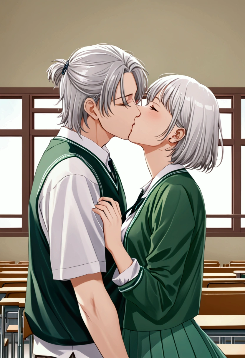 Casal jovem namorando At school,  short fat short hair green,  tall thin short white hair, Kisses, Couple kissing, romance, At school, romantic moment.