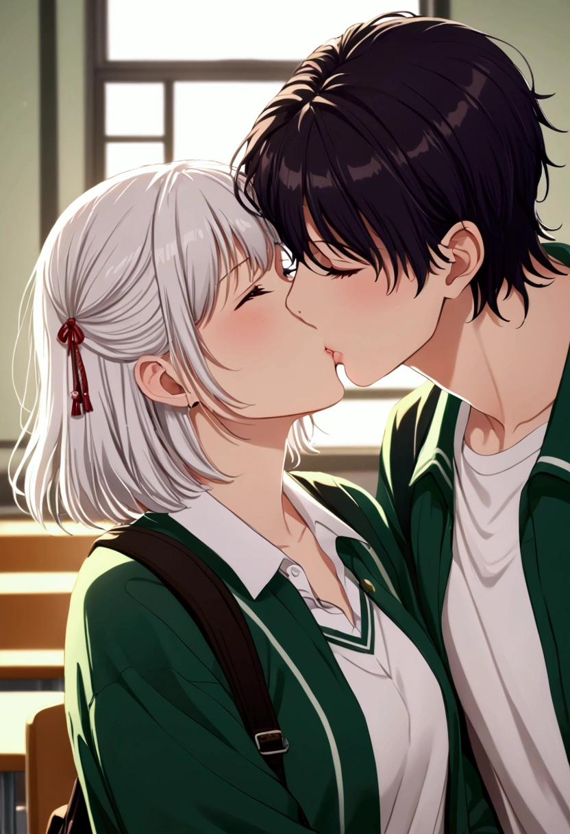 Casal jovem namorando At school,  short fat short hair green,  tall thin short white hair, Kisses, Couple kissing, romance, At school, romantic moment.