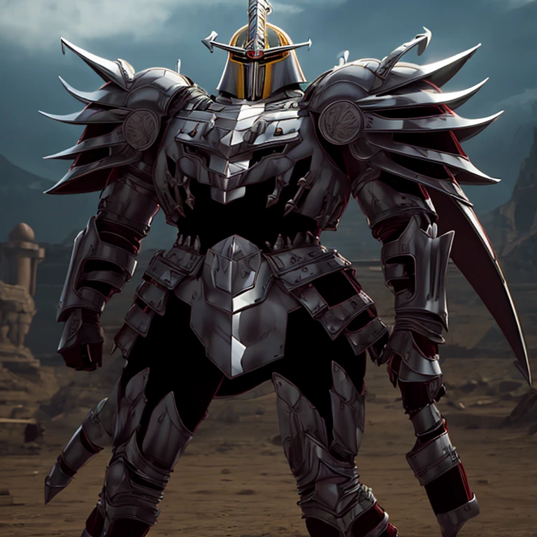 solo, full body, 8K, Menacing knight,
wearing ornate silver armor adorned with spikes and intricate details.
intimidating helmet with a horn and angular design.
anime mech armor, 
full body mecha suit, 
greek god in mecha style, 
cyber fight armor, 
covered in full metal armor, Hyunckel (armor).
white cape.
from behind.
helmet.
full-face helmet.
full plate armor.
no face.