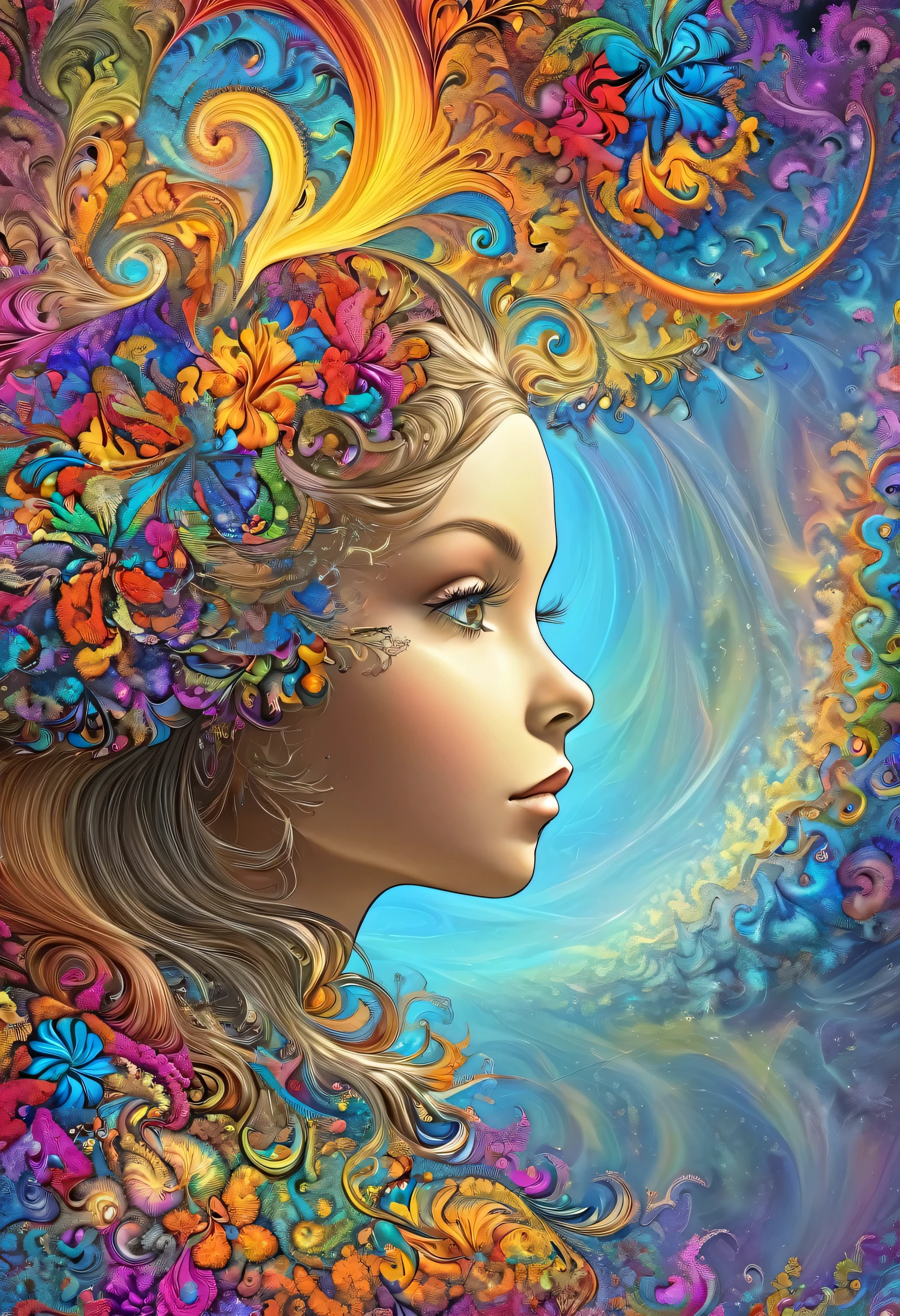 (abstract art:1.2), fractal art, psychedelic art, 1 girl, hair ornaments, Masterpiece, Highest quality, ultra high resolution, award winning art, very detailed, beautifully, beautiful, lots of flowers, corolla, colorful, profile