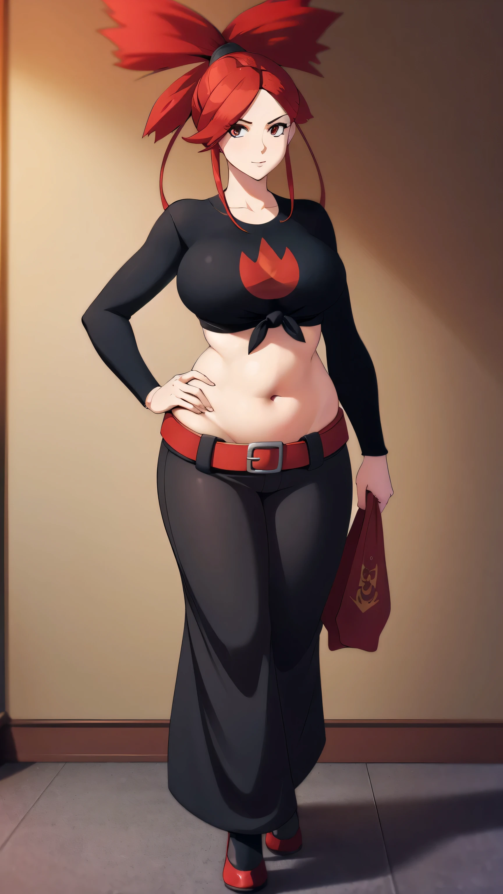 A tall beautiful sexy girl with big breasts, loose red hair, a brown eye, is wearing a black shirt with a knot tied underneath a red bra, showing her belly button, and blue pants with a red belt and brown heels. 