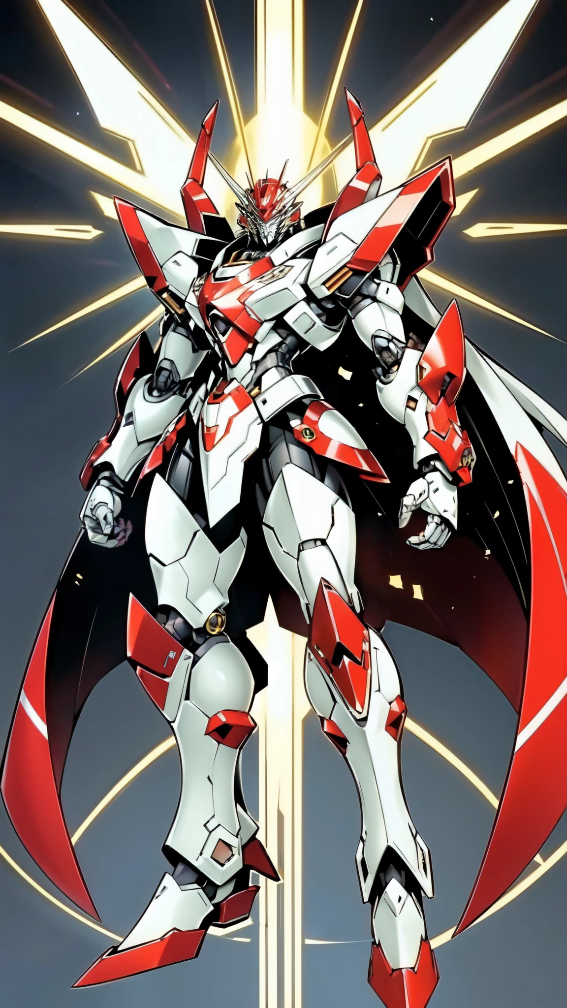 (masterpiece:1.5, best quality:1.5, extremely delicate:1.5), (male:1.5), humanoid Mecha, fully enclosed shoulder guards, matching arm and leg guards, full body, full armor, the design balances heavy with agility, (the color scheme is primarily Black with White and Red accents, the concept Inspired by Robot Anime, ROBOTANIMESTYLE), organic biotech armor, standing, floating high above the futuristic sci-fi city, exquisite and mature art style, (aura effect, glowing eyes, the armor glows), metallic, dramatic, high definition, highres, ultra-detailed, ultra-fine painting, professional, perfect body proportions, anatomically correct, symmetrical face, extremely detailed eyes and face, high quality eyes, creativity, RAW photo, UHD, 32k, Natural light, cinematic lighting, masterpiece-anatomy-perfect