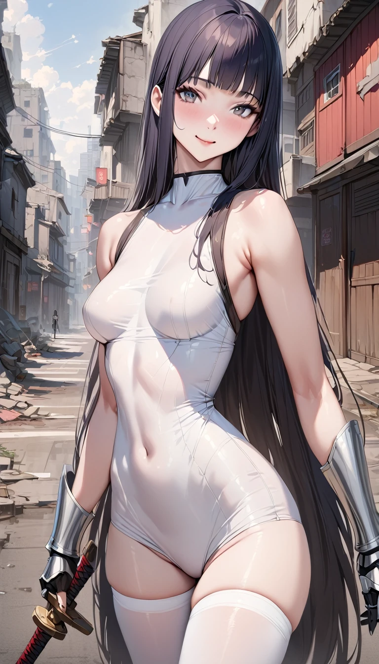 ((masterpiece,best quality anime:1.3,Best Quality)),realistic,cowboy shot,portrait,One female swordsman,young adult,dark blue hair,straight long hair,bangs,(very small head),gray eyes,(gorgeous cute eyes),smile,(very long body),medium breasts,,(bodycon white dress,bara shoulder,sleeveless、white_thighhighs、Steel Gauntlets),,(slender body,skinny),standing,An accurate depiction of a Japanese sword,on street,ruins、Ruined City、