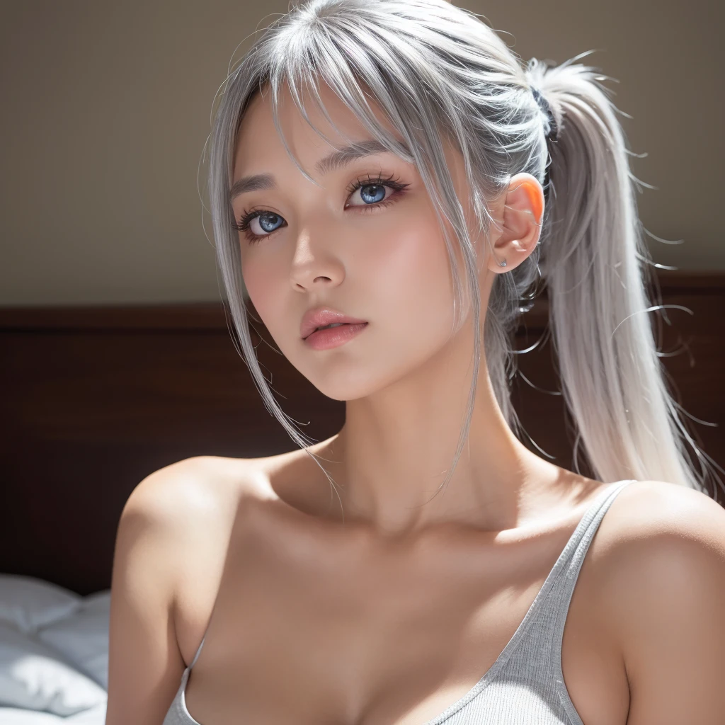 detailed, realistic, 4k, big boobies, big ass, nude, whole body, thin waist, beautiful face, long hair, pure white hair, dark palace, pure purple eyes, beautiful single woman