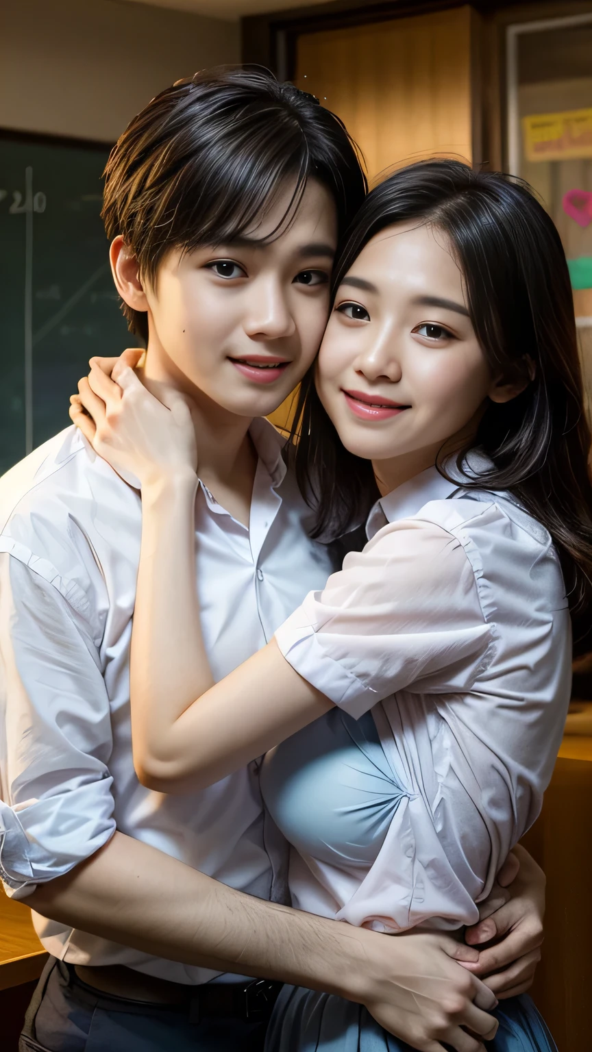 a beautiful girl and boy hugging each other, female high school student, white school uniform, extremely detailed face and eyes, large breasts, blushing, photorealistic, 8k, realistic, masterpiece