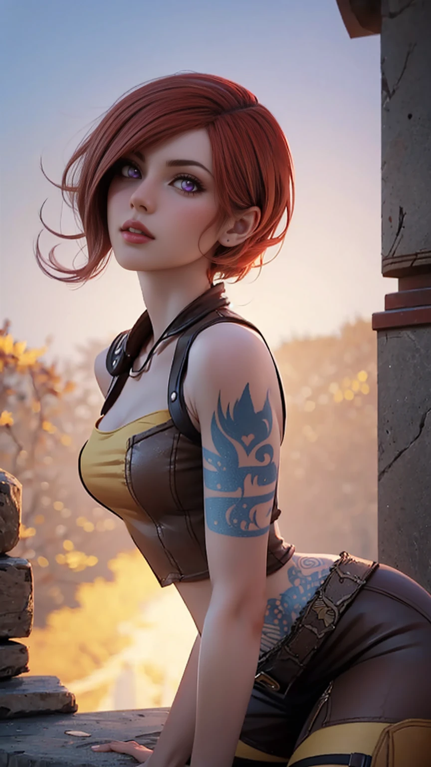 1girl, 1girl, combining elements of Yang Xiao Long from "RWBY" and Lilith from "Borderlands", beautiful detailed eyes, beautiful detailed lips, extremely detailed face and portrait, long eyelashes, flowing golden hair, lilac/violet eyes, crop top, short shorts, wearing flat heeled boots, tattoos, glowing blue markings, posing confidently, fantasy landscape, ancient ruins, sunlight, volumetric lighting, cinematic, award winning digital art, intricate details, highly detailed, hyper realistic, 8k, masterpiece, (wide angle), (full length portrait), lilithbl2, bhands, bare shoulders, halter neck