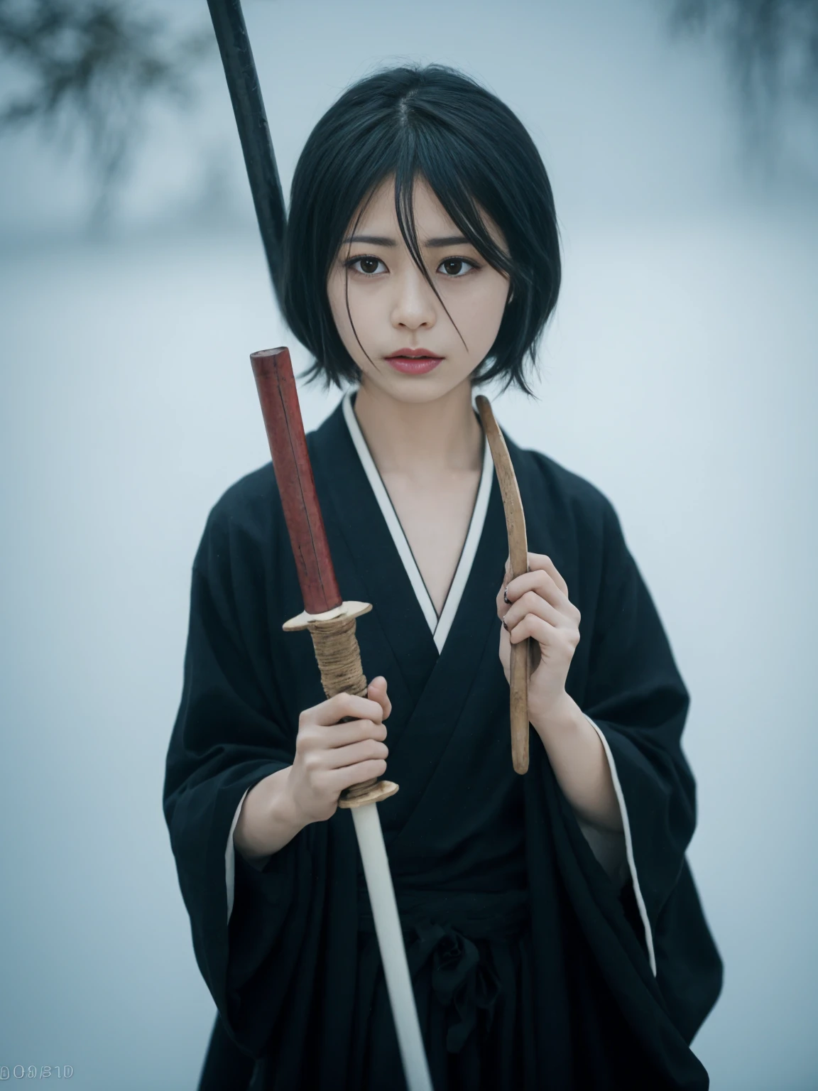 ((Best quality, 8K, Masterpiece:1.3, Beautiful girl)), Cute, detailed girl, (rukia), black hair, purple eyes:1.1, black kimono, pure-white band, short hair, japanese clothes, looking at viewer, (hair between eyes:1.2), holding Japanese sword, weapon, ruins, abandoned village, crystallineAI, (ice background:1.1), in the fog, from front, sad face, toned legs, sitting, white breath, steam
