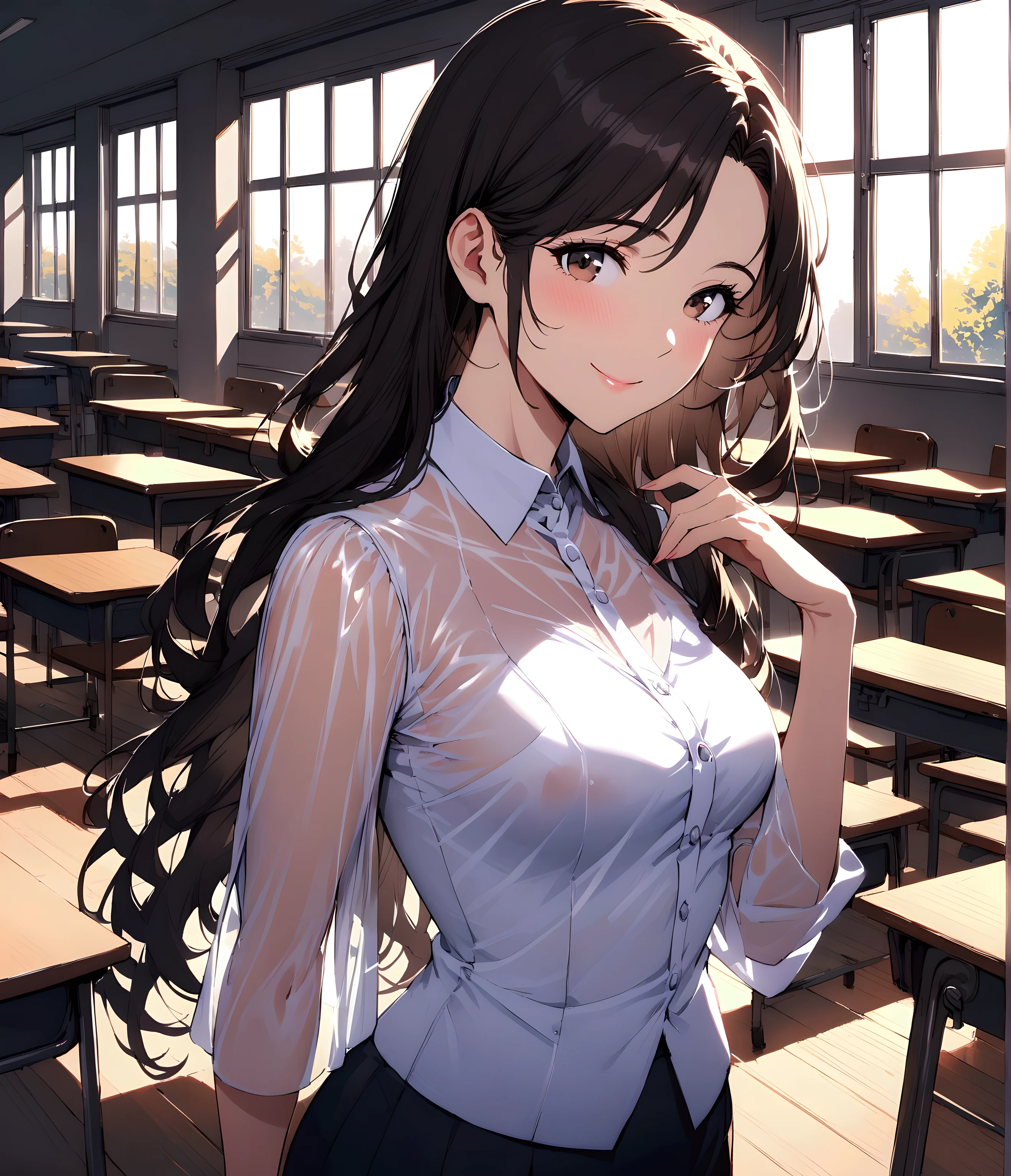 Mature female , flat chested , teacher clothes , translucent clothes , standing, waiting, smiling , in the classroom, long hair, dark hair