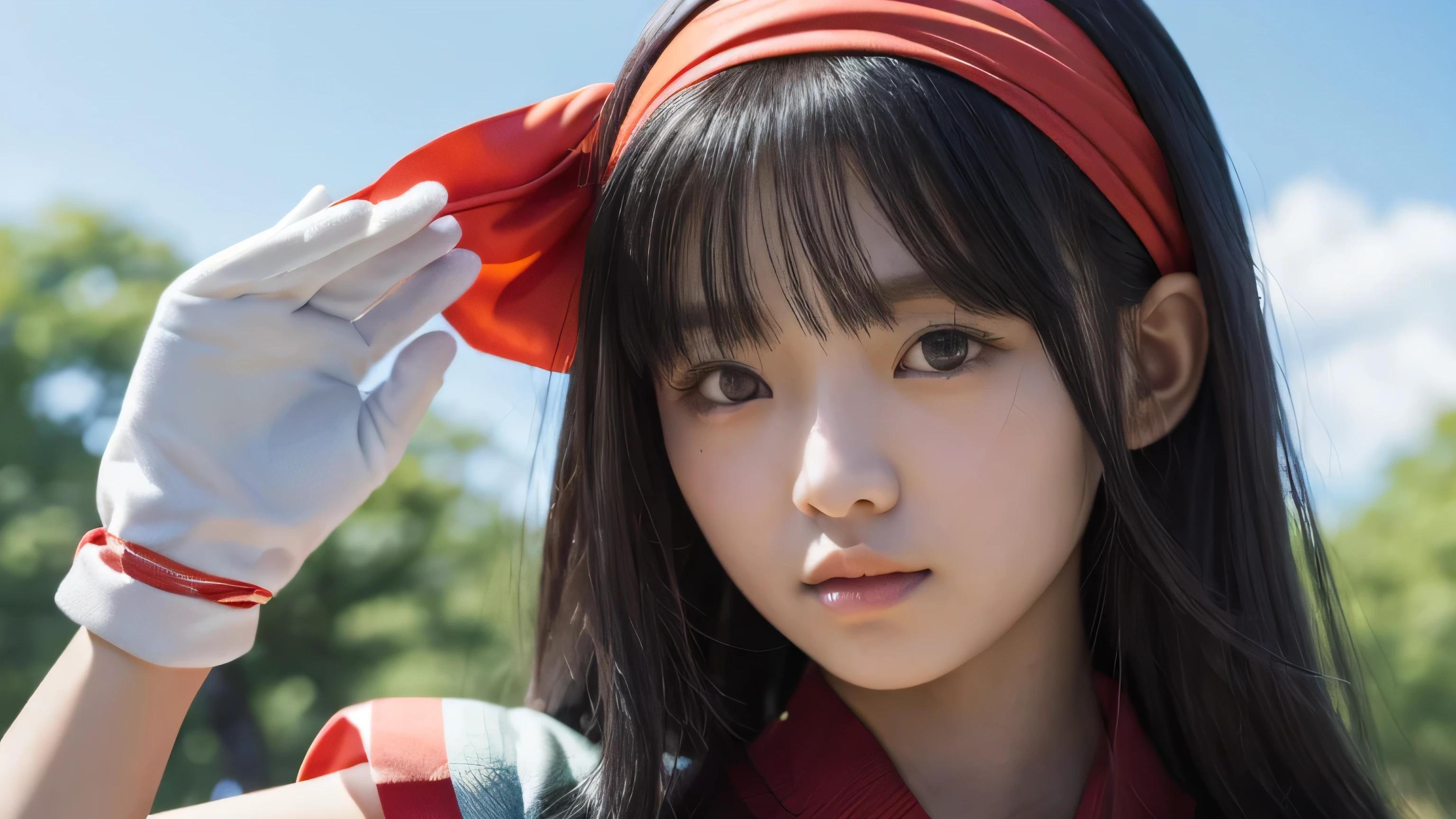 nakorurums,
red bow,
bow,
red hairband,
hairband,
hair fringe,
long hair,
ainu clothes,
fingerless gloves,
short sleeves,
a close up of a person in a costume holding a knife,
kunoichi,
katana zero video game character,
amaterasu,
skin pores texture,
cute,
wrinkled skin,
sharp,
,
flirts with the camera,
(Asian girl:1.2),
(Realistic hair:1.2),
(realistic eyes:1.2),
(Beauty face:1.3),
(detailed face and eyes):1.2, 
(freckles:0.5),
perfect body, 
perfect hands,
perfect face,
perfect eyes, 
Best quality, 
ultra highres, 
(realistic, photo-realistic:1.33), 
(8k, RAW photo, best quality, masterpiece:1.2),
Kodak gold 200, 
National Geographic style, 
medium shot, 
Photography, 
movie, 
cinematic, 
Realistic, 
natural lighting, 
depth of field, 
film grain,
full body, 
looking at viewer,