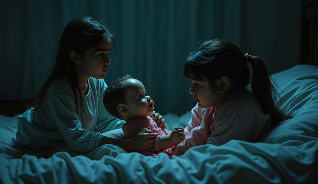 A hyporealistic 8-year-old, under a bed, with a look of fear; Portrait of a girl, delicate features, sharp facial features, cinematic, 35 mm lens, f/1.8, highlight lighting, global illumination –uplight –v 4 --auto