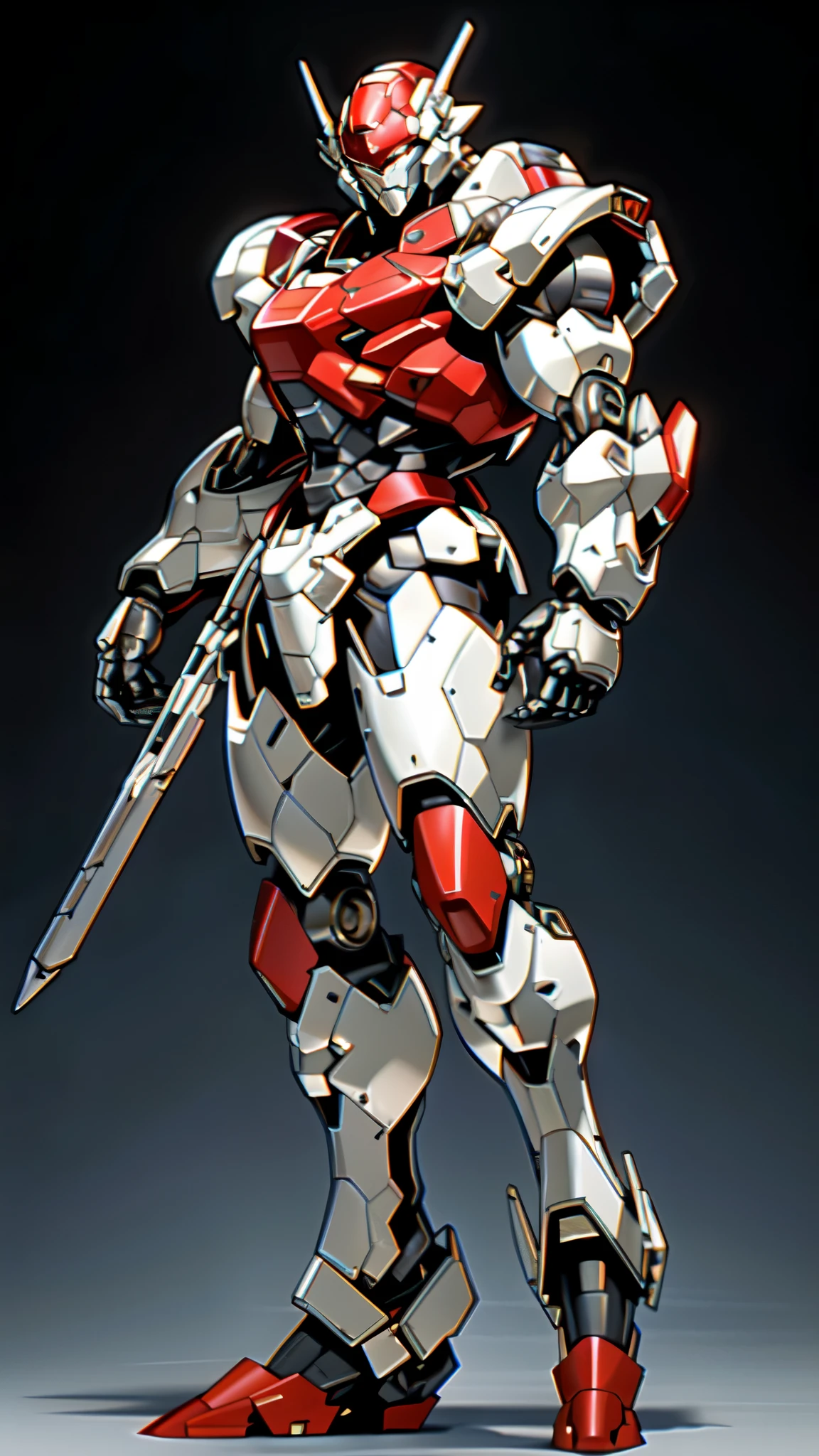 (masterpiece:1.5, best quality:1.5, extremely delicate:1.5), (male:1.5), humanoid Mecha, fully enclosed shoulder guards, matching arm and leg guards, full body, full armor, the design balances heavy with agility, (the color scheme is primarily Black with White and Red accents, the concept Inspired by Robot Anime, ROBOTANIMESTYLE), organic biotech armor, standing, floating high above the futuristic sci-fi city, exquisite and mature art style, (aura effect, glowing eyes, the armor glows), metallic, dramatic, high definition, highres, ultra-detailed, ultra-fine painting, professional, perfect body proportions, anatomically correct, symmetrical face, extremely detailed eyes and face, high quality eyes, creativity, RAW photo, UHD, 32k, Natural light, cinematic lighting, masterpiece-anatomy-perfect