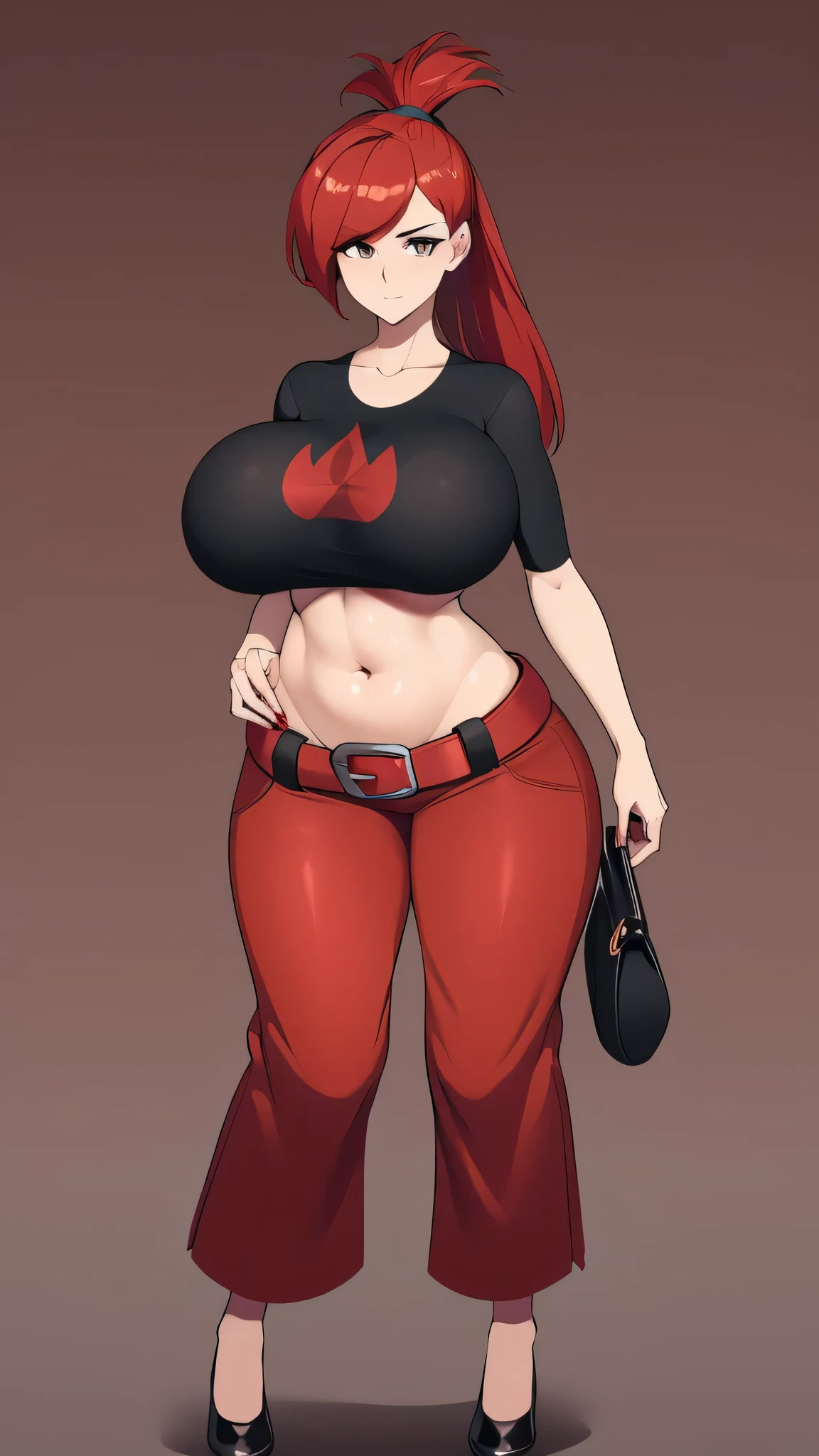 A tall beautiful sexy girl with big breasts, loose red hair, a brown eye, is wearing a black shirt with a knot tied underneath a red bra, showing her belly button, and blue pants with a red belt and brown heels. 