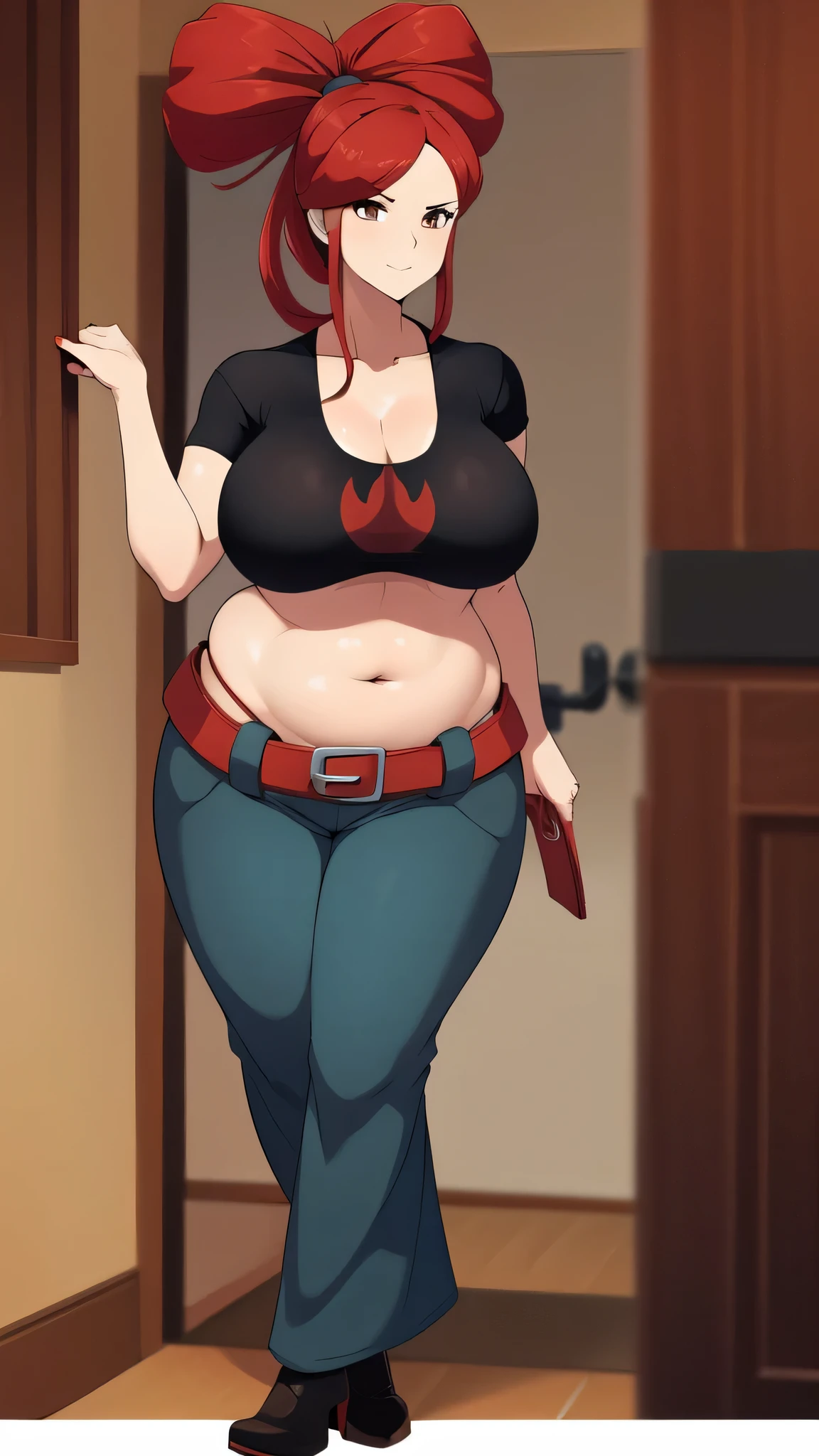 A tall beautiful sexy girl with big breasts, loose red hair, a brown eye, is wearing a black shirt with a knot tied underneath a red bra, showing her belly button, and blue pants with a red belt and brown heels. 