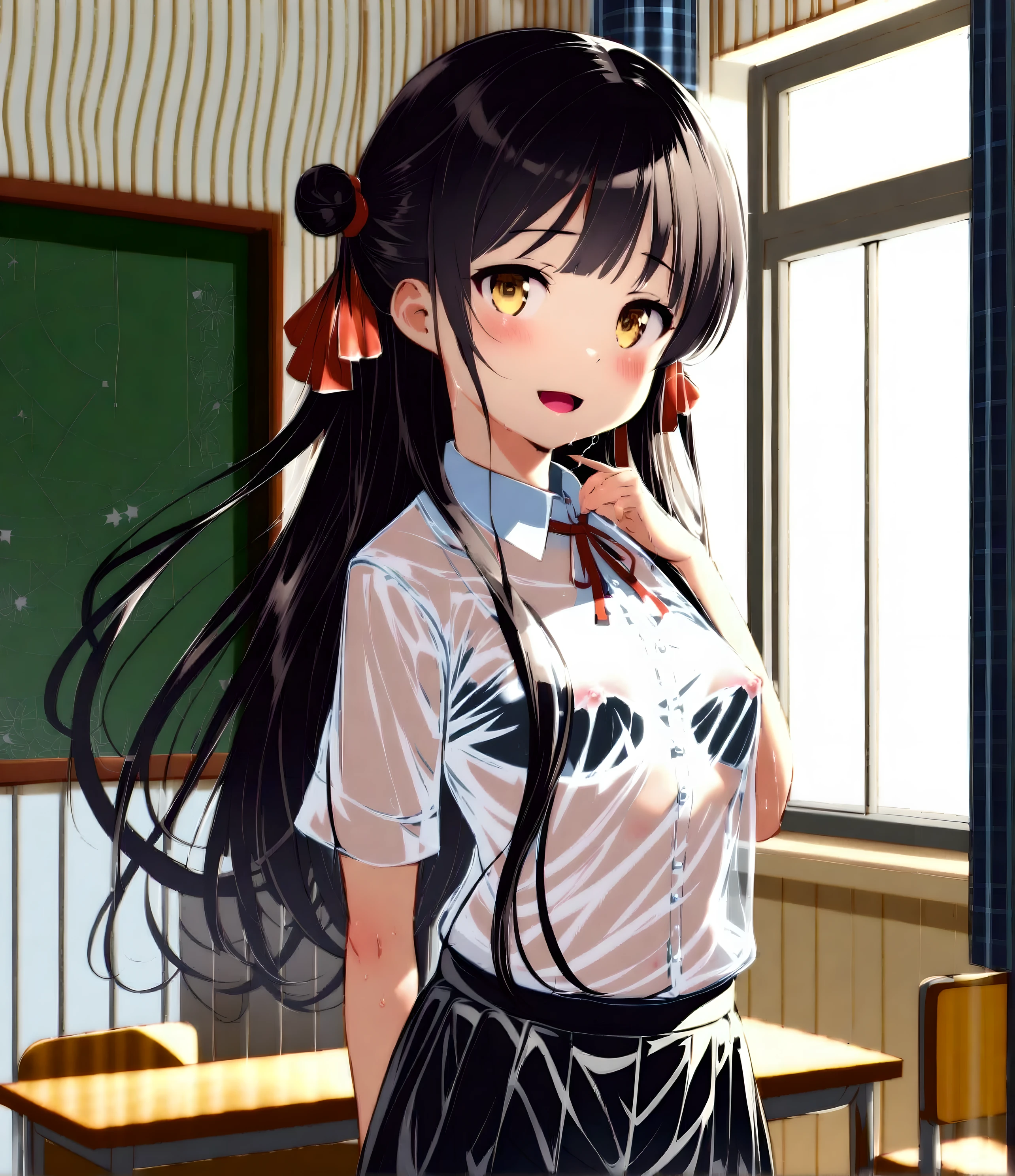 (****:1.8), Young female , small breasts, teacher clothes , translucent clothes , standing, waiting, smiling , in the classroom, long hair, dark hair, full body, innie pussy, pussy juice, pubic hair 