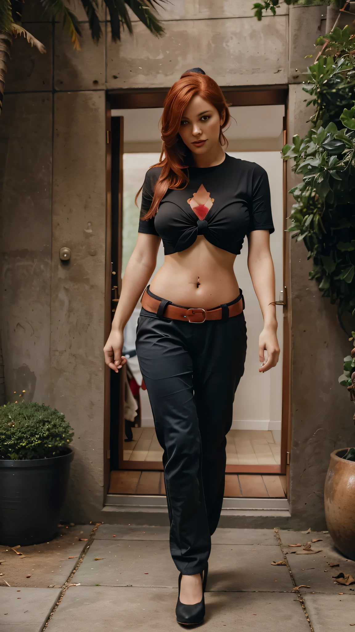 A tall beautiful sexy girl with big breasts, loose red hair, a brown eye, is wearing a black shirt with a knot tied underneath a red bra, showing her belly button, and blue pants with a red belt and brown heels. 