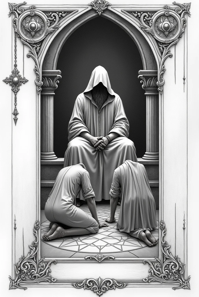 Pale hooded man kneeling before a cross
