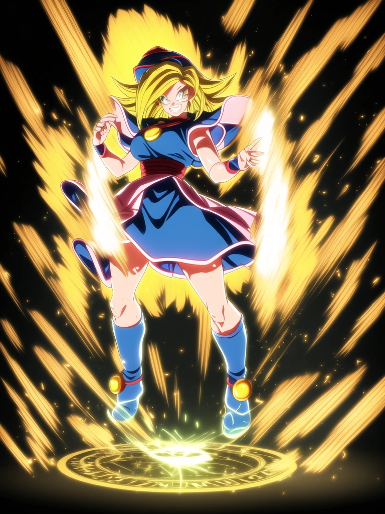 
dbsuper style, (extremely detailed CG unity 4k wallpaper),(masterpiece),(ultra quality),(ultra-detailed),(best illustration),(best shadow),(absurdres),masterpiece, best quality, cinematic light, 1girl, grin, dark magician girl, blonde hair, blue headwear, blue footwear, duel monster, hat, hexagram, long hair, looking at viewer, magic, magic circle, glow, glowing, glowing particles, sparks, saiyan aura, wizard hat, yu-gi-oh!, dynamic pose, serious 