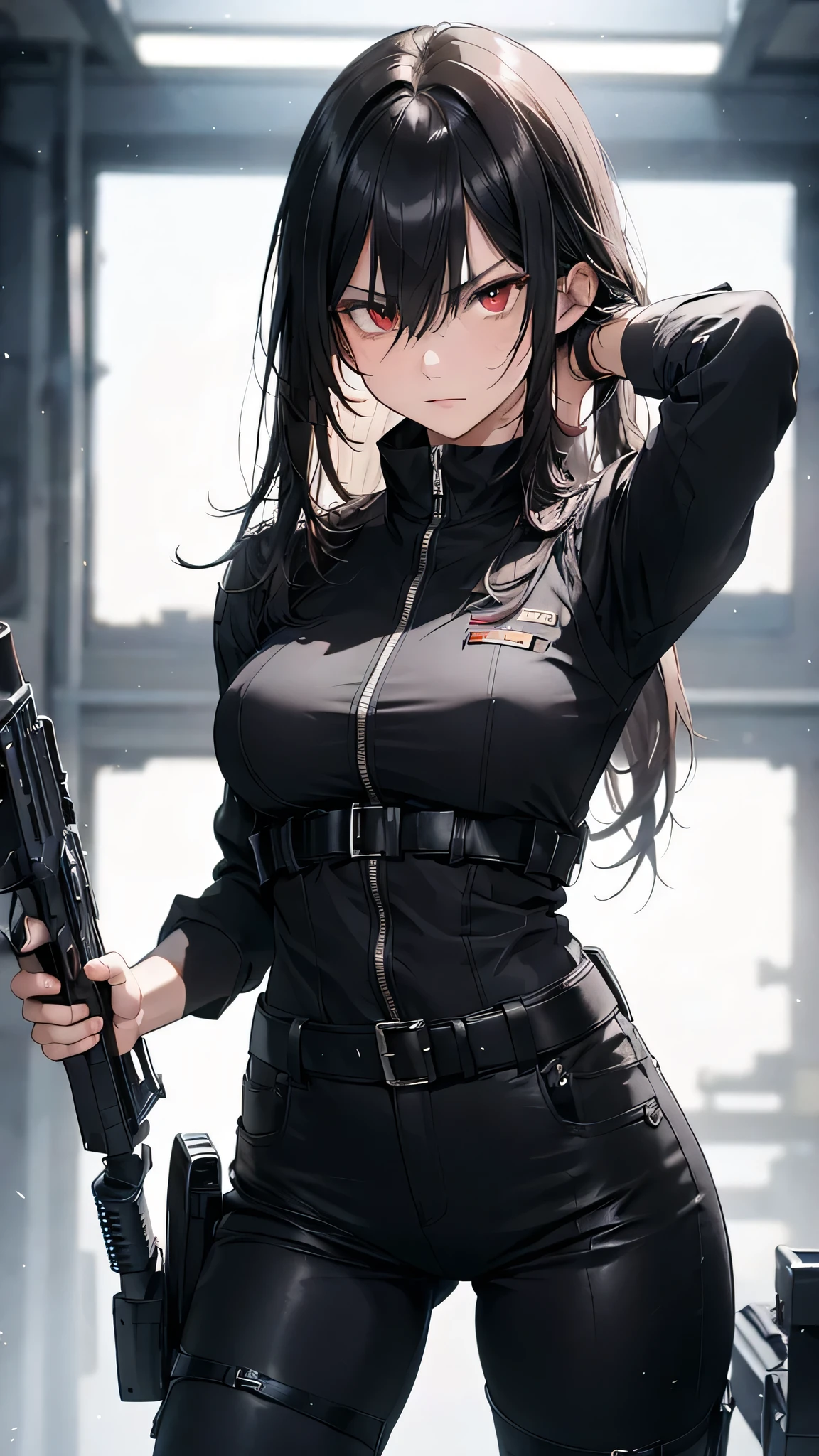 A woman in black leather outfit holding a gun in a room - SeaArt AI