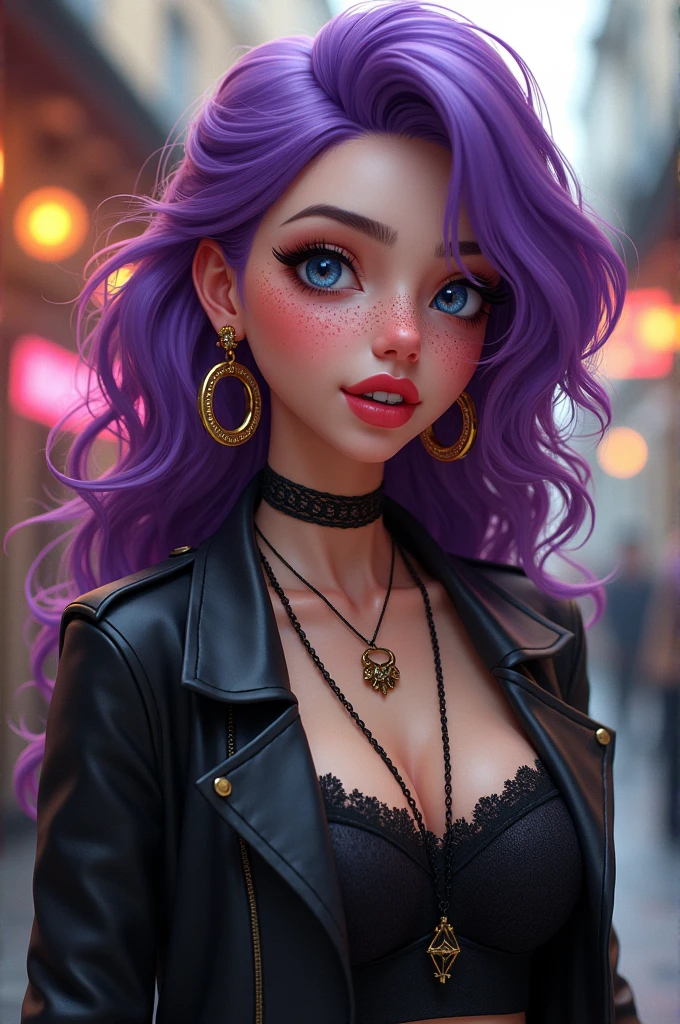 The hot girl has purple hair, blue eyes, wearing a bikini. Her tongue is sticking out, her cheeks are rosy, looking very lewd.