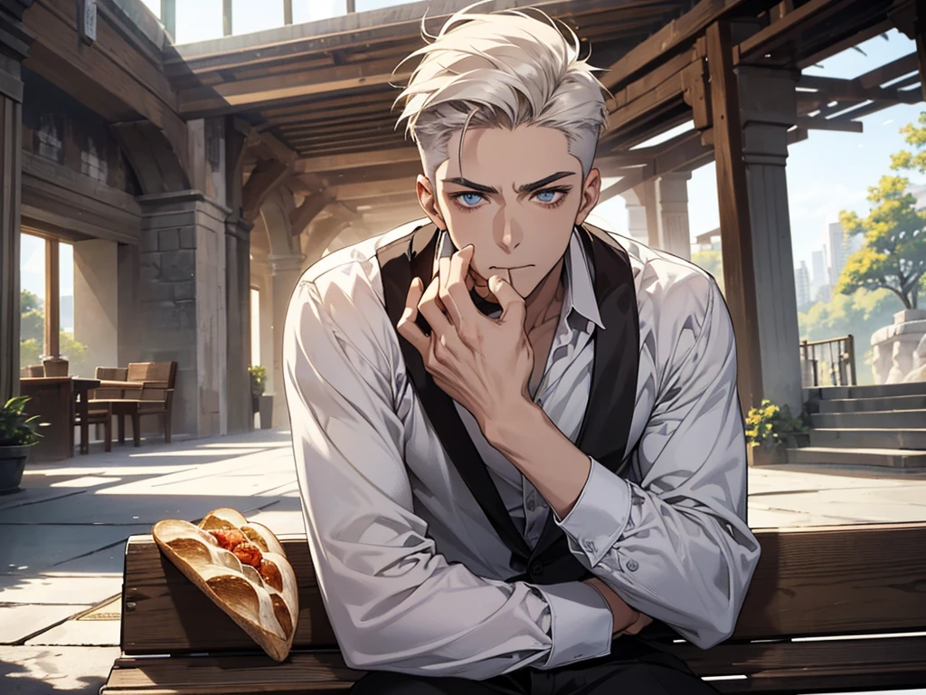 (hyperrealistic), (illustration), (high resolution), (8K), (extremely detailed), (best illustration), (handsome detailed eyes), (best quality), (super detailed), (masterpiece), (wallpaper), (detailed face), solo, (dynamic pose), 1 boy, white wavy short hair on the chair, korean, heterochromic eyes, small moles under the eyes, ((short apron)), long legs, tightens abs, (big bulge), male
