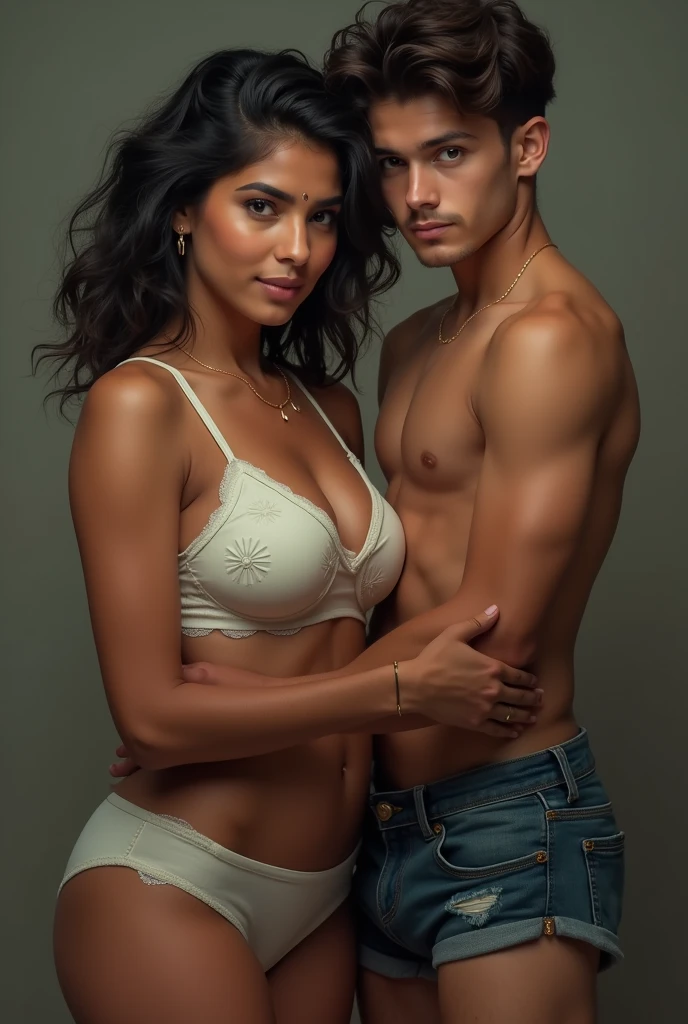 man and woman standing face to face, bangladeshi model, ((white skin tone)), ((visible uncovered breast)), ((man touching woman's breast)), realistic, (light shining )