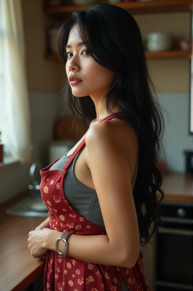 ((Highest quality)), ((masterpiece)), (detailed), One person, sexy、A masterpiece of idol cuteness! Active housewife, 4Only 0 years old, Wearing an apron and cooking in the kitchen. Dynamic lighting frames a round face, Highlights narrow, sharp eyes and perfect features. Shortcuts for adults, The camera zooms in on her plump cheeks and large breasts., and、Her worn-out shirt accentuates her ample cleavage.. A very short plaid skirt that hugs the thighs, Capture your best smile with a prone angle, Realistic body and fine details. subject, Kneeling comfortably with arms folded across chest, Naturally attractive even without makeup, This will be a well-crafted and professional piece.. Chubby,