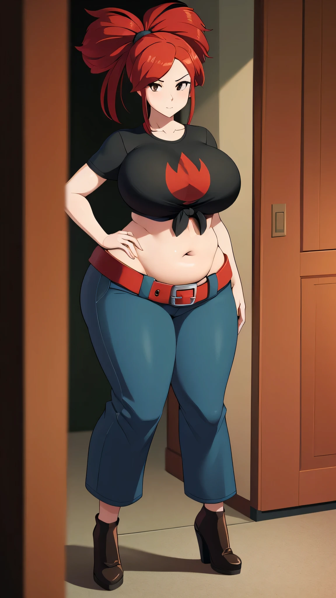 A tall beautiful sexy girl with big breasts, loose red hair, a brown eye, is wearing a black shirt with a knot tied underneath a red bra, showing her belly button, and blue pants with a red belt and brown heels. 