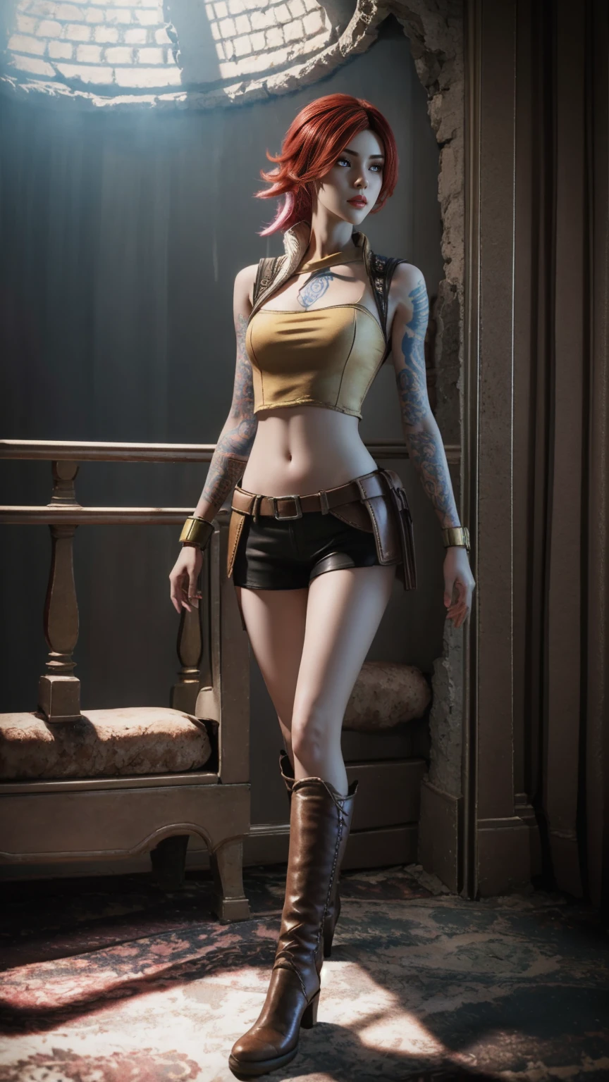 Unreal Engine:1.4, CG K Ultra Realistic, Realistic:1.4, Skin Texture:1.4, masterpiece:1.4, Beautiful woman in babydoll lingerie and red hot pants, Special Cyberpunk Style, CG and Realistic image, ultra-detailed Skin Texture. A masterpiece creation of a woman adorned in a yellow cyberpunk-style outfit, Short skirt, Red Pantyhose, Blue mini skirt, Unreal Engine trend, Ultra-realistic texture, Realistic digital art.