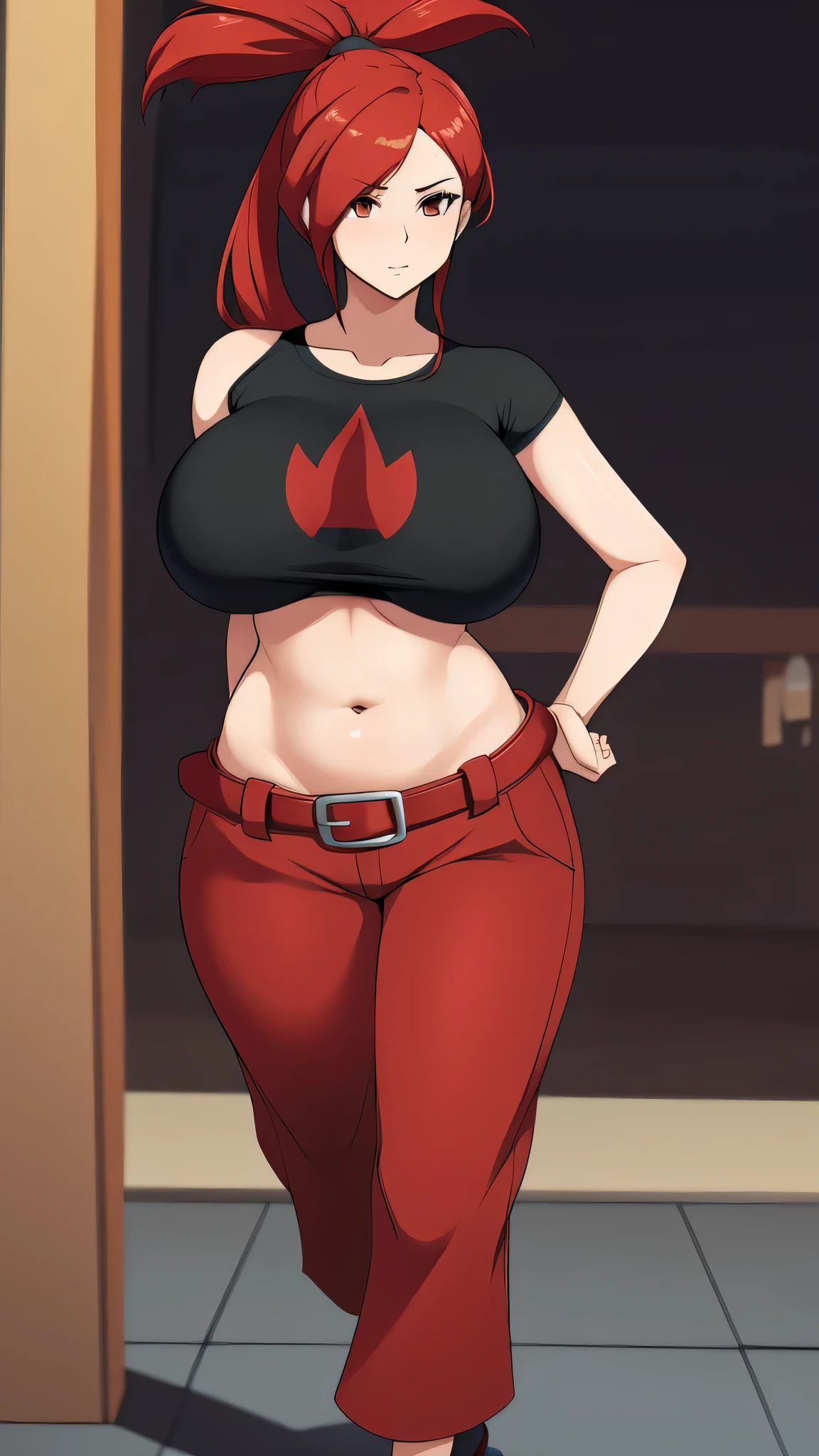 A tall beautiful sexy girl with big breasts, loose red hair, a brown eye, is wearing a black shirt with a knot tied underneath a red bra, showing her belly button, and blue pants with a red belt and brown heels. 