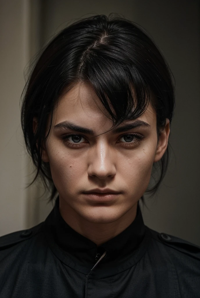 Dark art, Ai robot vampire beautiful girl wearing black leather top in black short hair cut