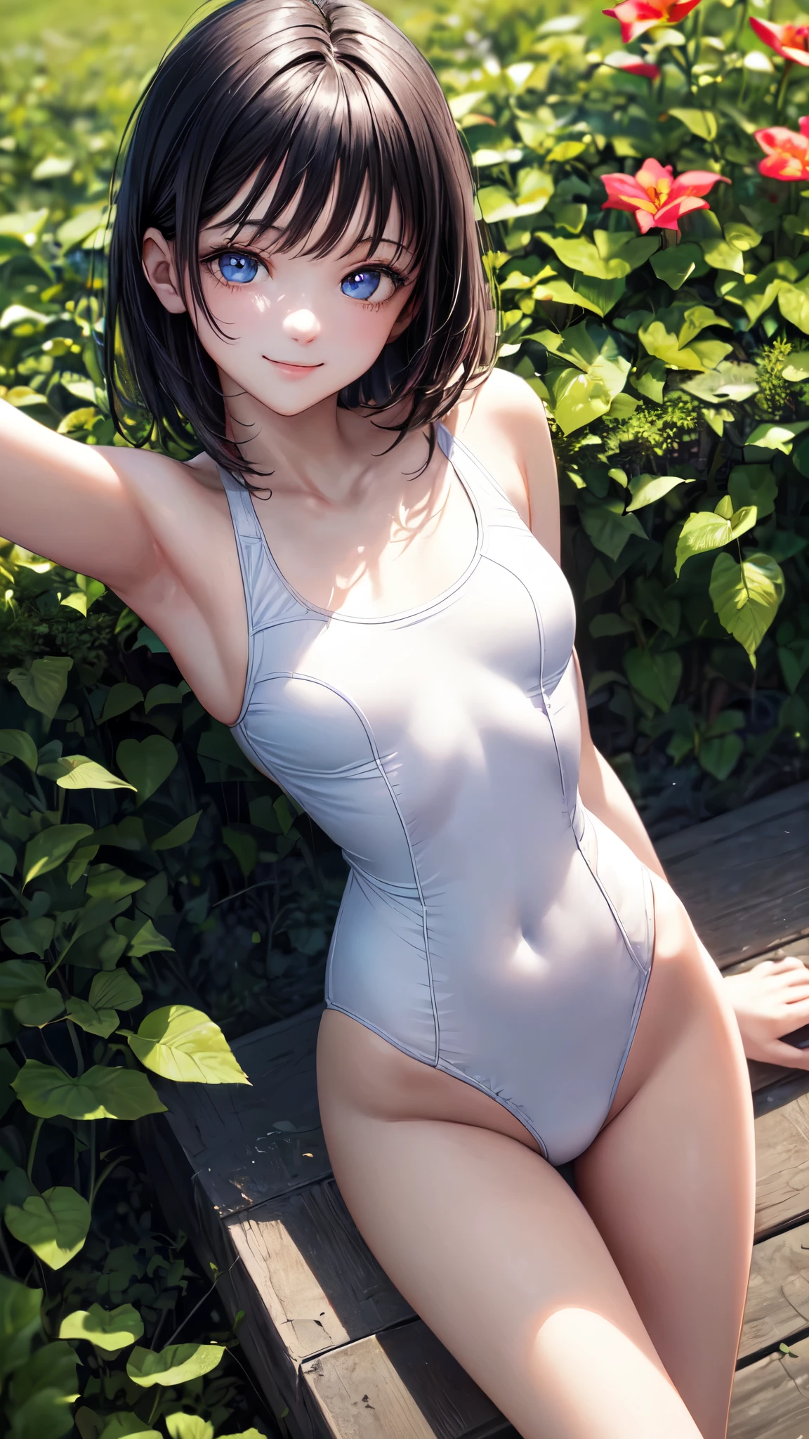 (Highest quality, masterpiece, Ultra-high resolution, (Photorealistic:1.4), RAW Photos), One girl,Wearing only a whiteone-piece swimsuit), (Very short black hair, Amazingly cute face, Very beautiful big black eyes)), Very lean body, Very flat and beautiful Ample Breasts and a beautiful ass, An innocent smile, Booty pose, View Viewer, Detailed face, Fine grain, Detailed Hair, Detailed body, Thigh details, Detailed Swimsuit