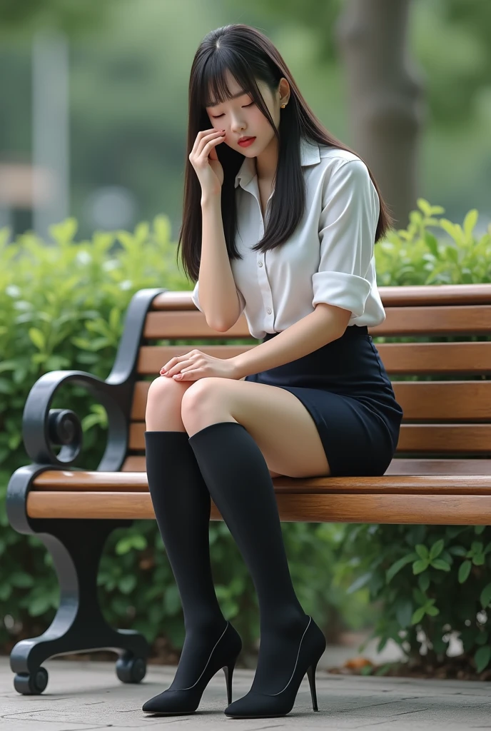 film grain, depth of field, low light:1.2), wearing a white button up shirt, partially open blouse, black skirt, black pantyhose, high heels, designer shoes, full frontal view, slightly spread legs, (looking at viewer), perfect makeup, long eyelashes, eyeliner and blush, natural perky breasts, soft nipples, (no panties:1.2), bottomless, public exposure, shaved pussy, tight slit, (skirtlift), one hand covering mouth in shock,