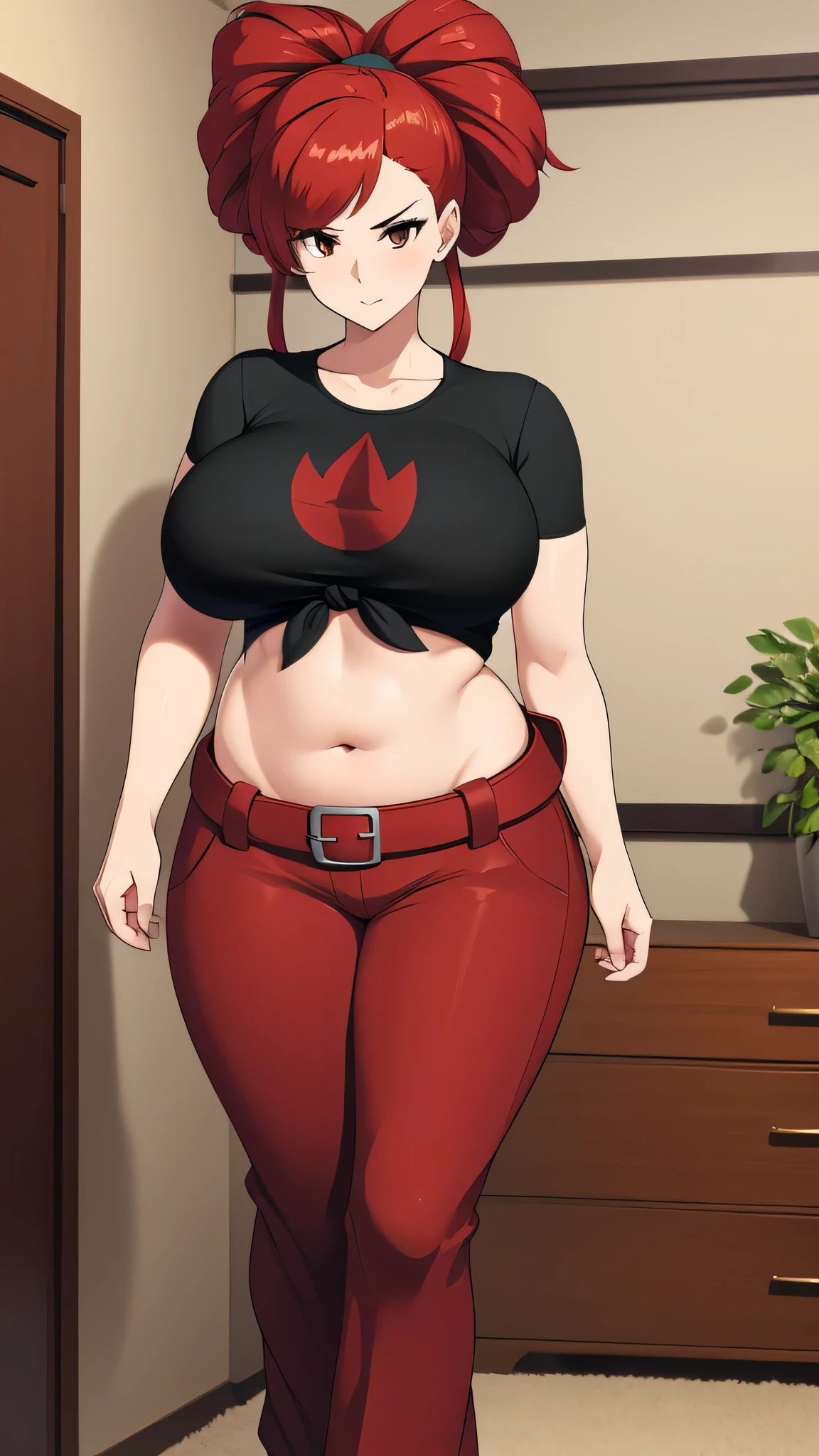 A tall beautiful sexy girl with big breasts, loose red hair, a brown eye, is wearing a black shirt with a knot tied underneath a red bra, showing her belly button, and blue pants with a red belt and brown heels. 