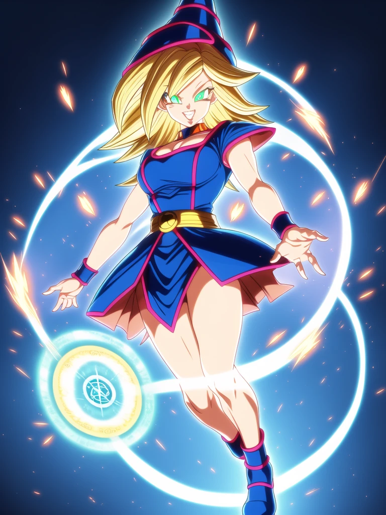 
dbsuper style, (extremely detailed CG unity 4k wallpaper),(masterpiece),(ultra quality),(ultra-detailed),(best illustration),(best shadow),(absurdres),masterpiece, best quality, cinematic light, 1girl, grin, dark magician girl, blonde hair, blue headwear, blue footwear, duel monster, hat, hexagram, long hair, looking at viewer, magic, magic circle, glow, glowing, glowing particles, sparks, saiyan's aura, wizard hat, yu-gi-oh!, dynamic pose, serious 