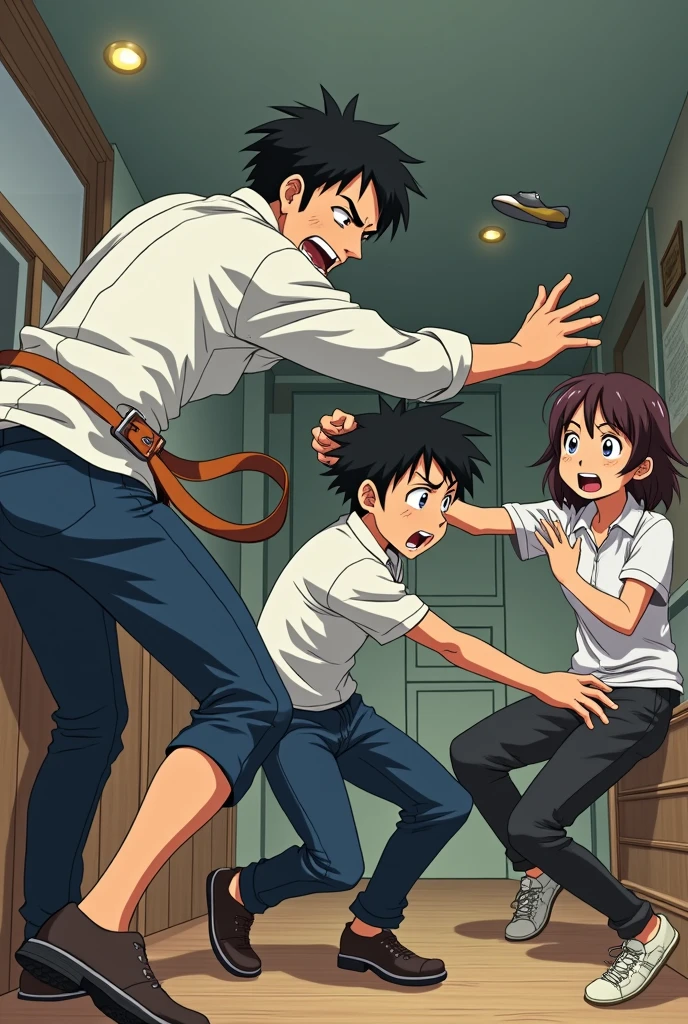 Anime scene, man jumping to punch, girl back ground, dark room scene
