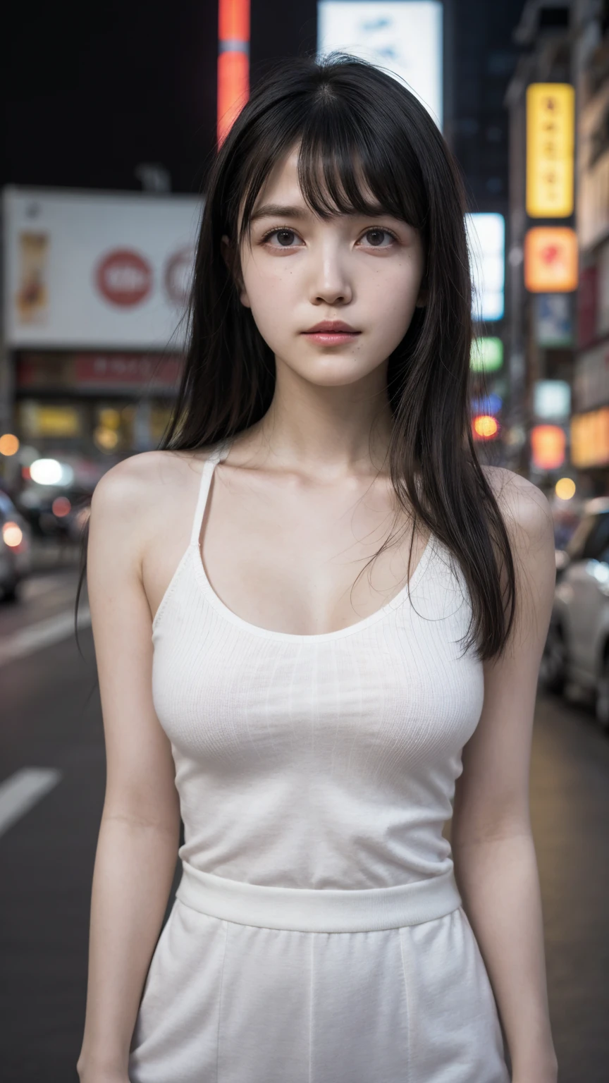 Single girl, summer, city, Osaka street, evening, city lights, medium body shot, close-up, 8k, RAW photo, highest quality, masterpiece, real, photorealistic, breast, open shoulder, long hair, knit strap tanktop,((Looking at viewer)), High Resolution,Award Winning, Realism, (facing view front)