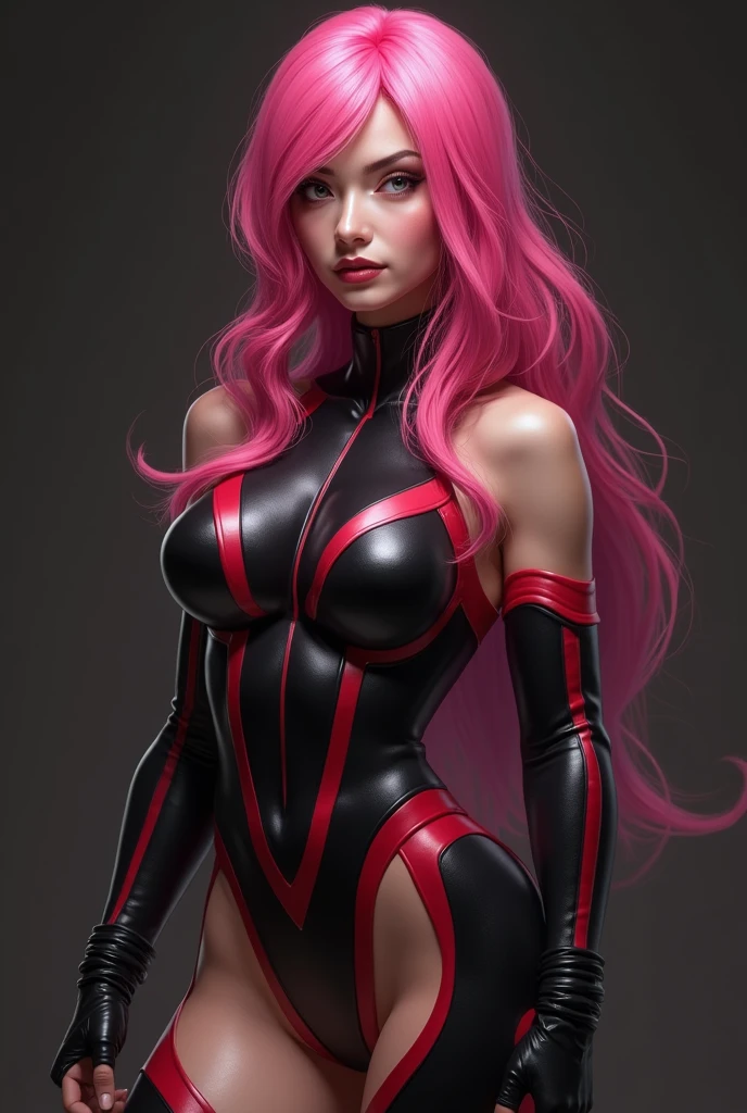 a woman with red lipstick has armor on and is holding a sword, kirijou mitsuru, 1girl, solo, hair over one eye, long hair, (((red hair))), (((red eyes))), weapon, rapier, sword, bodysuit, black bodysuit, grey bodysuit, hand on hip, (((large breasts))), simple background, white background, (purple theme:1.2)